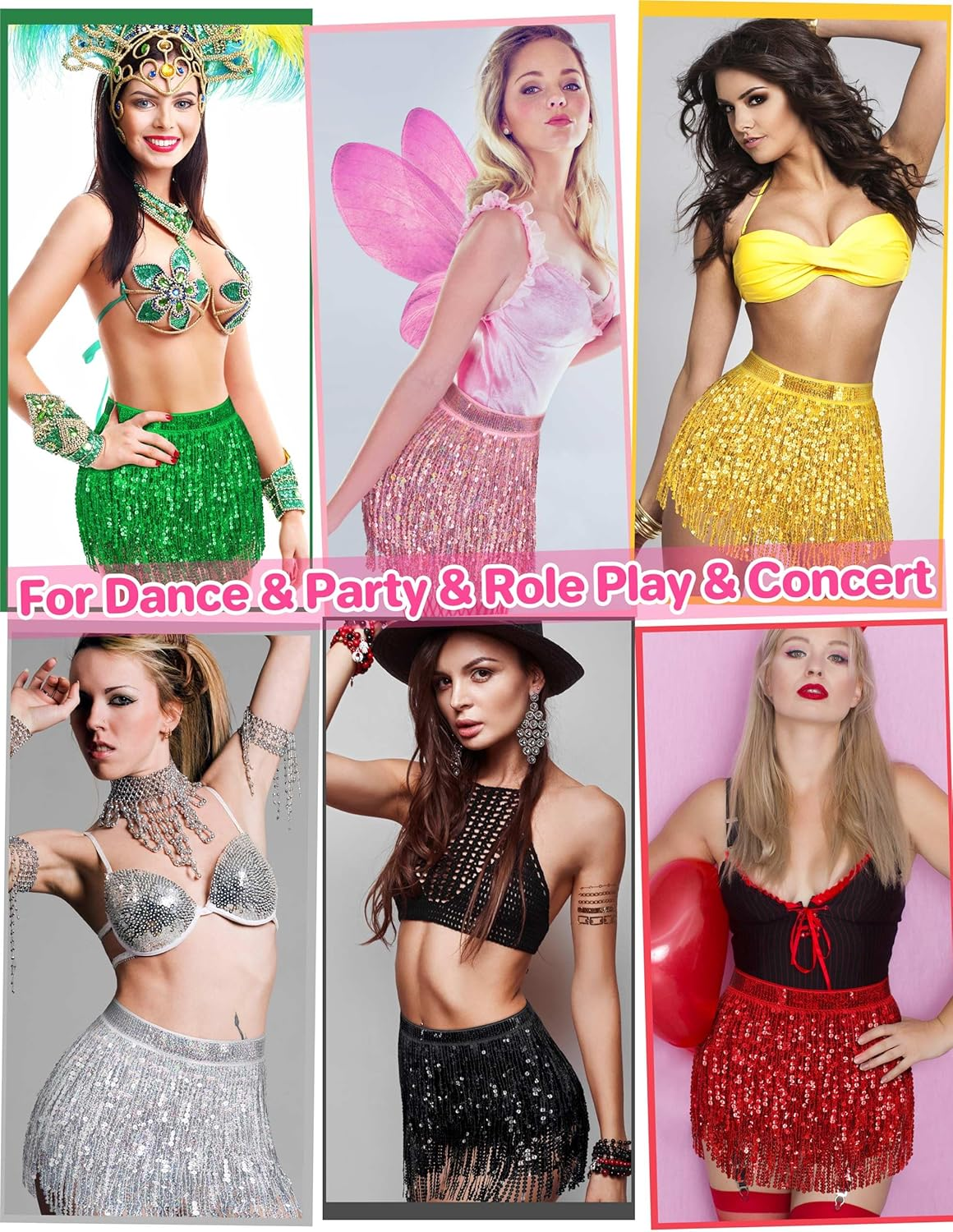 Qikqik Sequin Skirt for Women Sparkly Skirt Tassel Skirts Halloween Sequin Fringe Skirts Belly Dance Glitter Rave Outfit Wrap image number 4