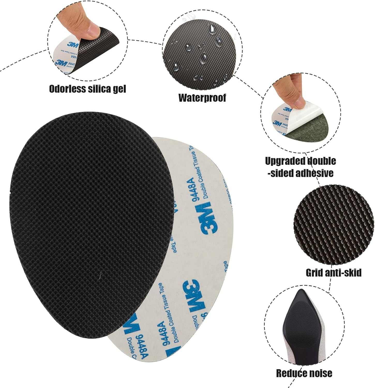 4 Pairs Non-Slip Shoe Pads，Adhesive Heel Grips & Sole Protectors Cover Bottoms, Anti-Slip Silicone for High Heels Noise Reduction, Universal for Women & Men (Black, Durable)