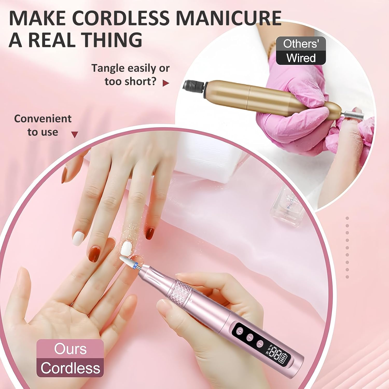 Cordless Nail Drill, Portable Nail File Efile with 12 Bits, LCD Screen & Twist Lock, 35000RPM Low Noise, Professional Nail Drill Kit for Acrylic Nails Gel Polish Manicure Pedicure Salon Quality image number 2