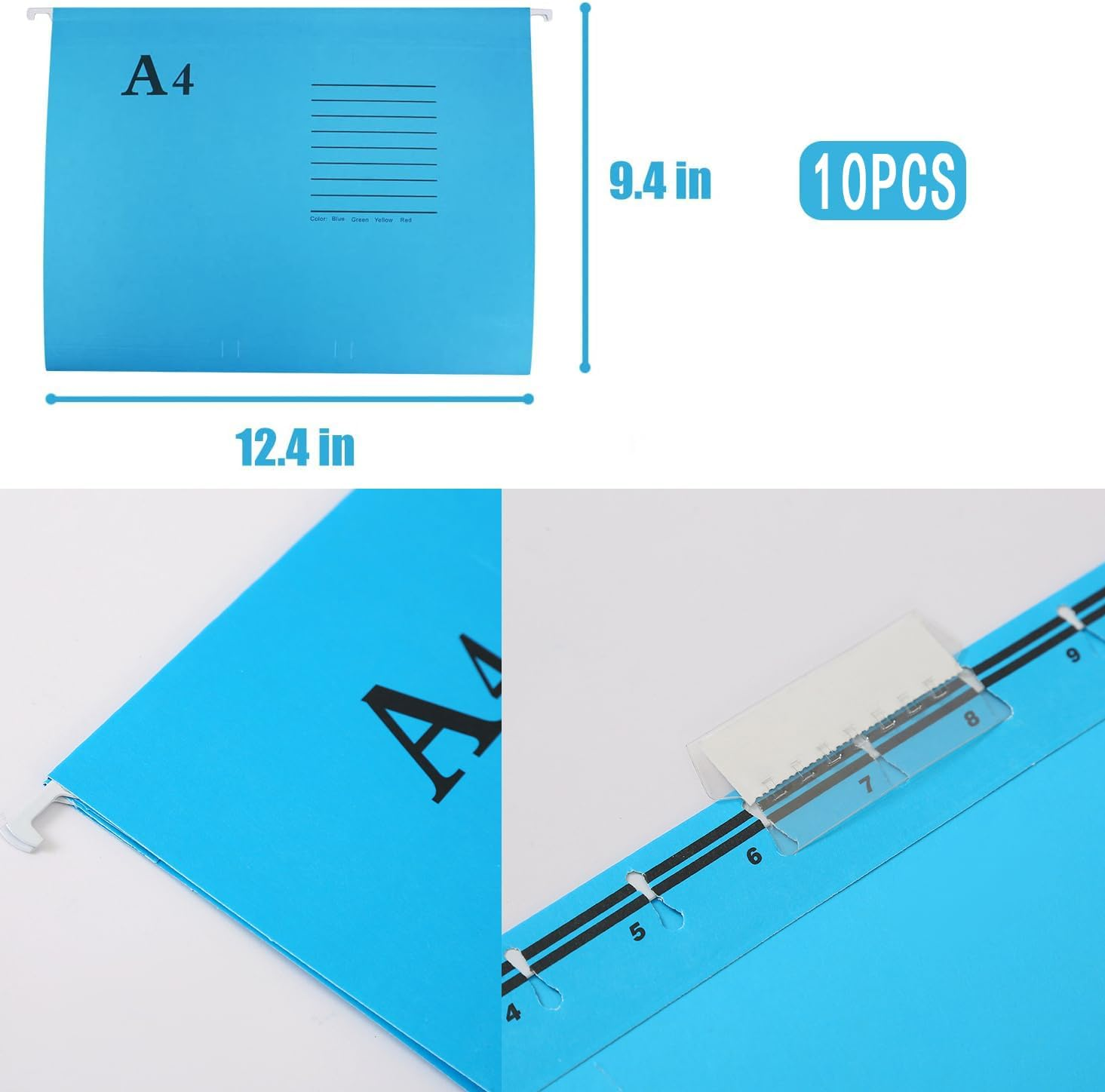 A4 Suspension File, 10 PCS Blue Polypropylene Filing Cabinet Suspension Files with Tabs and Card Inserts A4 Hanging Filing Folders for Office Organization Home Work image number 2