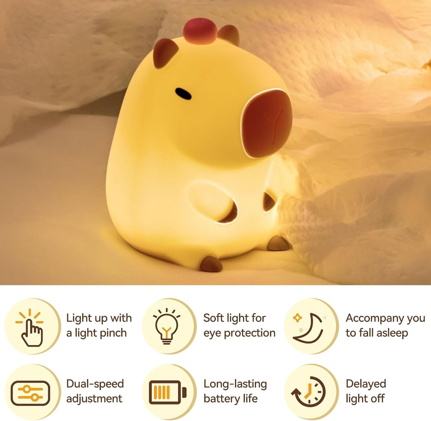 Lovely Silicone Night Light Capybara for Kids Soft Portable Rechargeable Lamp, Kids Room Decor Present for Girls Boys Birthday Holiday Christmas Camping - Warm White image number 5