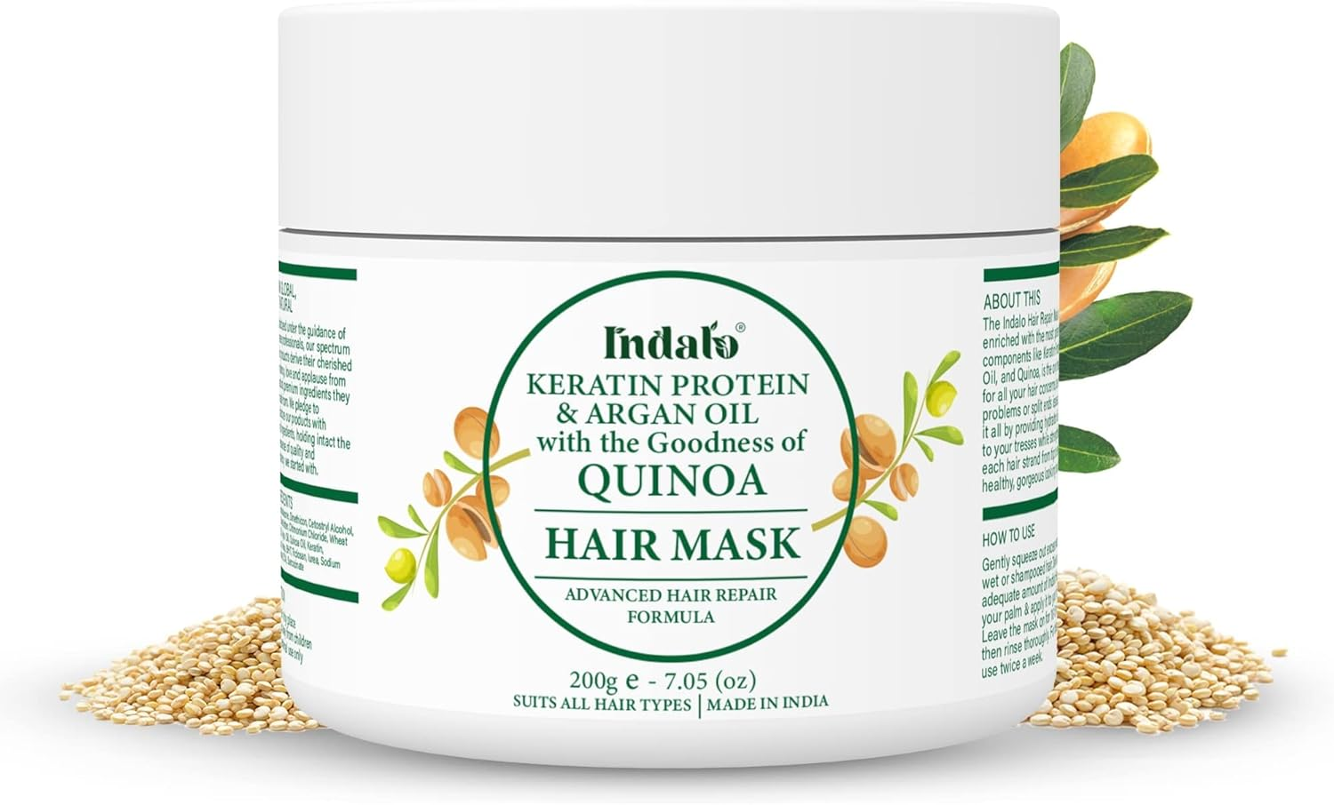 Indalo Professional Keratin Milk Protein - Collagen Argan Oil Hair Mask for Promotes Healthy, Long, Strong & Shiny Hair, Hair Growth | Quinoa Hair Mask with Keratin & Argan Oil for Women & Men(200Gm)