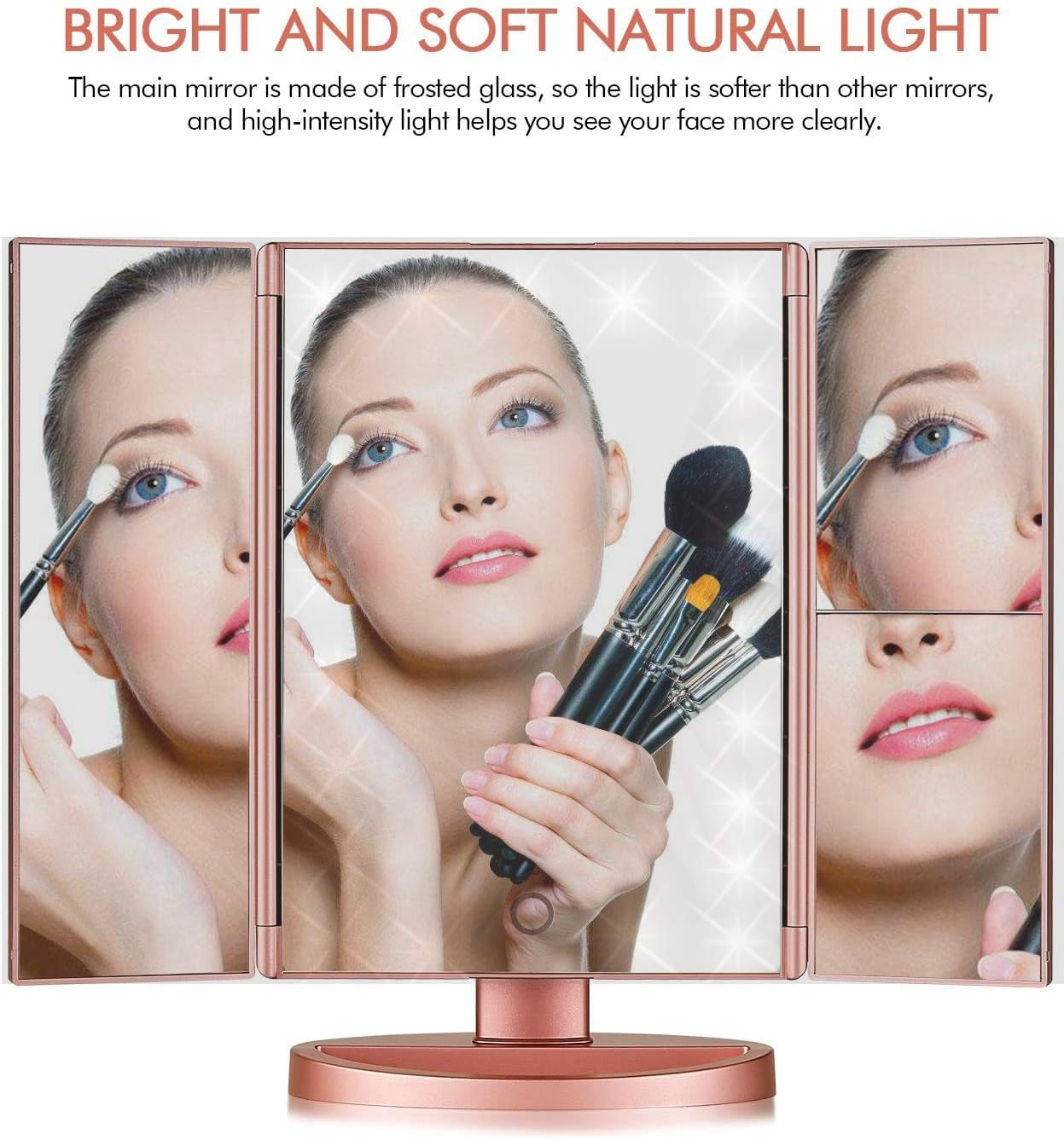 Makeup Vanity Mirror with Lights,1X 2X 3X Magnification, 21Leds Light and Touch Screen,180 Degree Rotation,Dual Power Supply, Portable Trifold Travel Cosmetic Makeup Mirror - Black image number 4