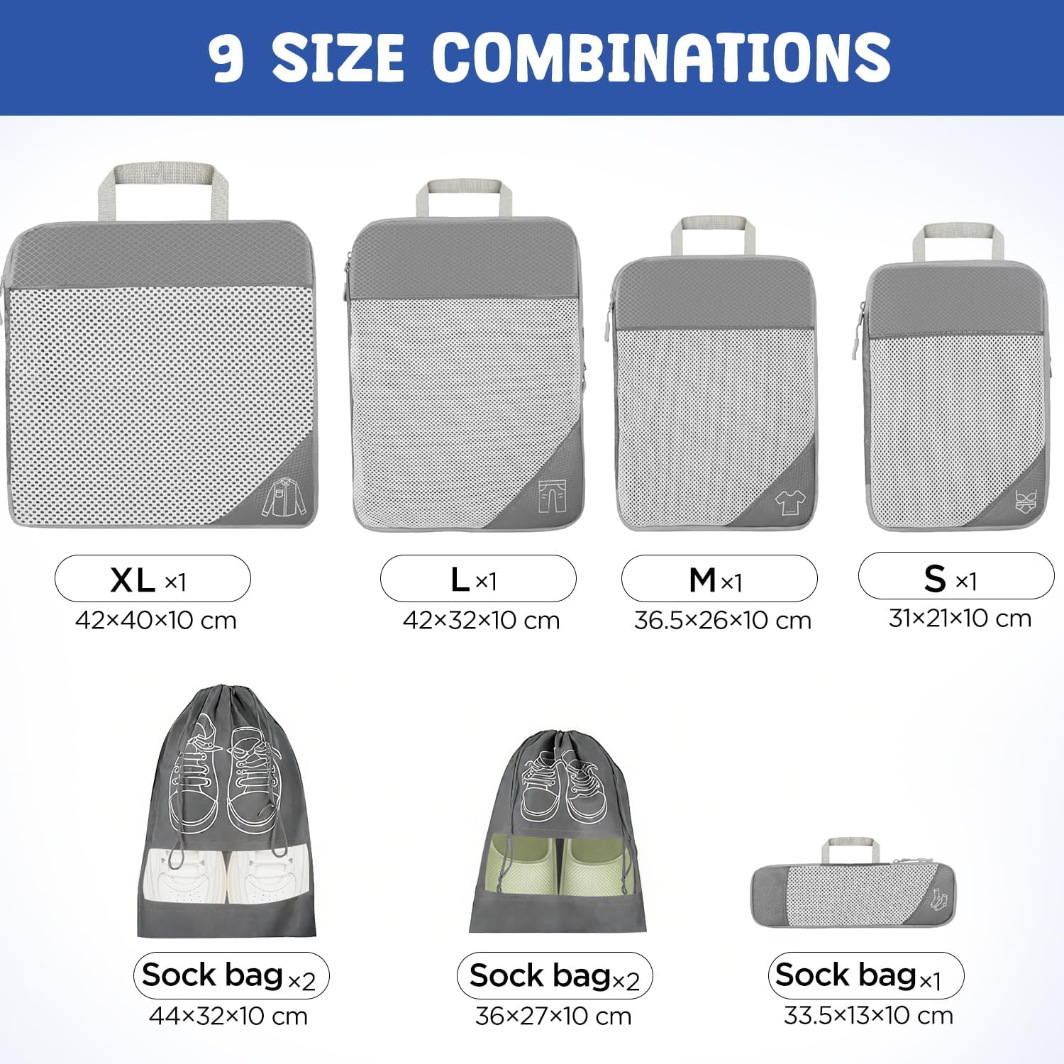 9-Piece Compression Packing Cube Set, Compression Packing Cube for Organising Your Travel Luggage, Ultralight, Storage Bag, Suitcase Organiser, for Backpack & Suitcase (Grey) image number 1