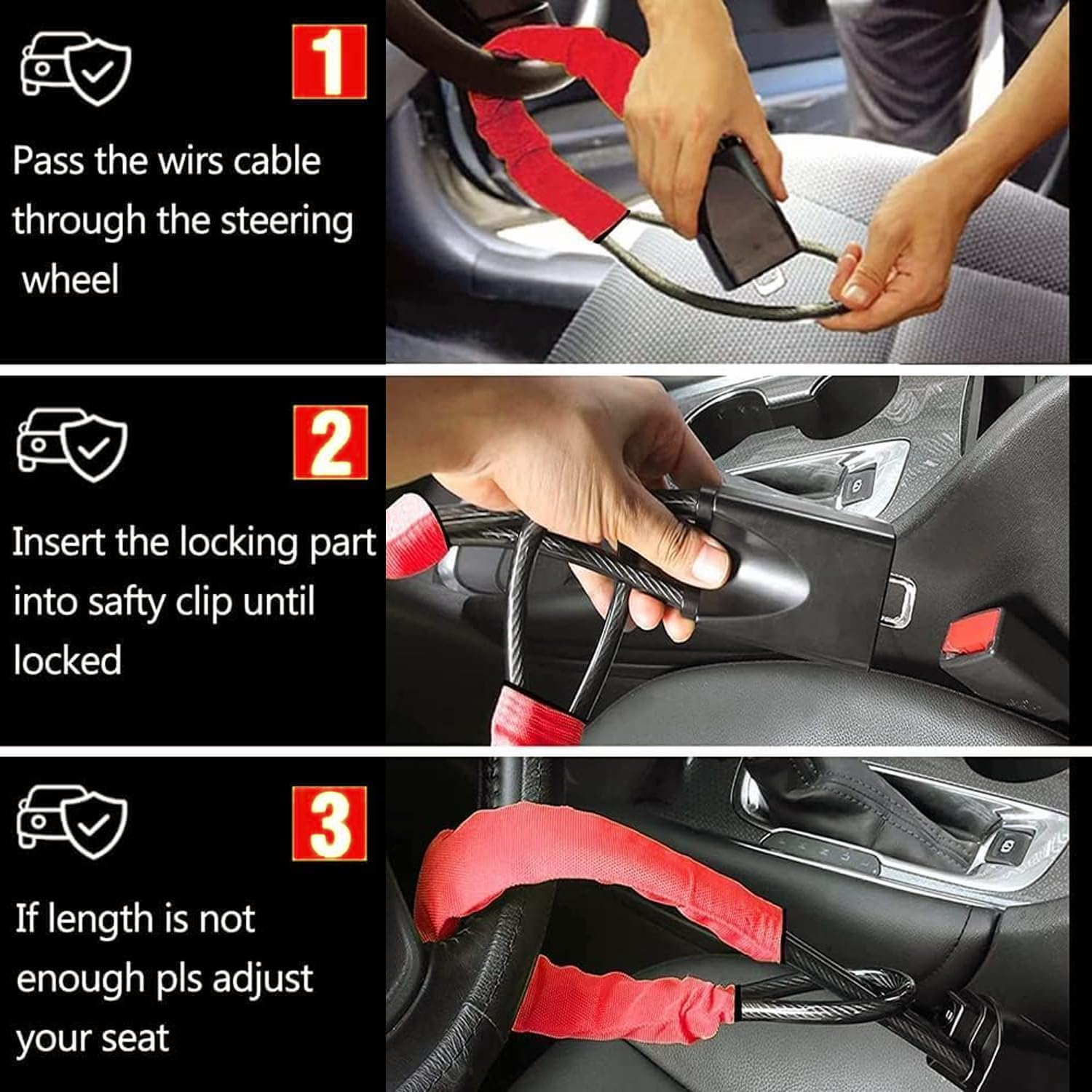 Red Steering Wheel Lock Anti-Theft Device, Universal Fit for Cars, Trucks, Suvs, and Vans - Durable Alloy Steel, Easy to Install, 3 Keys Included, 1-Year Warranty - Damaill image number 3