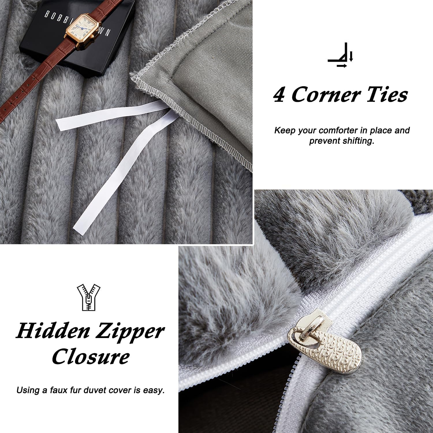 Bildenly Fluffy Duvet Cover Queen Size Ultra Soft Faux Fur Bedding Set Grey Winter Warm Vertical Striped Comforter Cover Set 3 Pcs Warm Fuzzy Bed Sets Luxury Plush Bed Sets with 2 Pillow Shams image number 6