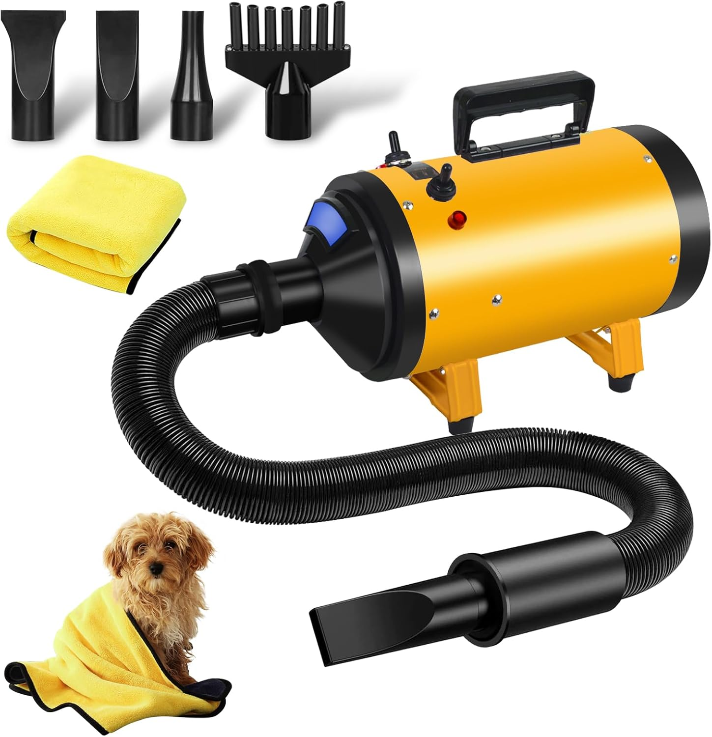 VOLKWELL 3200W/4.3HP Pet Grooming Dryer, Adjustable Speed & Temperature Control Yellow Dog Blow Dryer, High Velocity Dog Hair Dryer with 4 Nozzles（Yellow image number 1