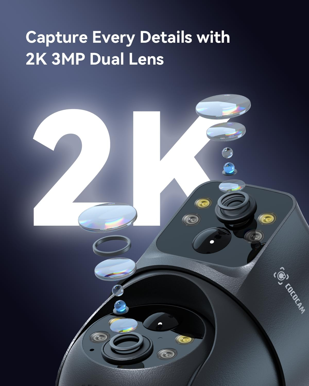 COCOCAM 2K Dual Lens Security Camera Wifi Outdoor Wireless, 10000Mah Battery, 6W Solar Panel, Dual PIR & AI Human Detection, Color Night Vision, 355&deg;P 90&deg;T, AES 128 Encryption, IP66, 2.4G Wifi