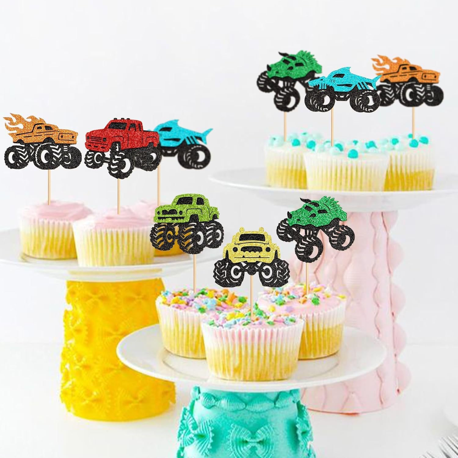 Monster Truck Car Cupcake Toppers, 24Pcs Racing Race Car Cupcake Toppers Fighting Picks for Racing Sports Racecar Theme Birthday Party Cake Supplies Decorations