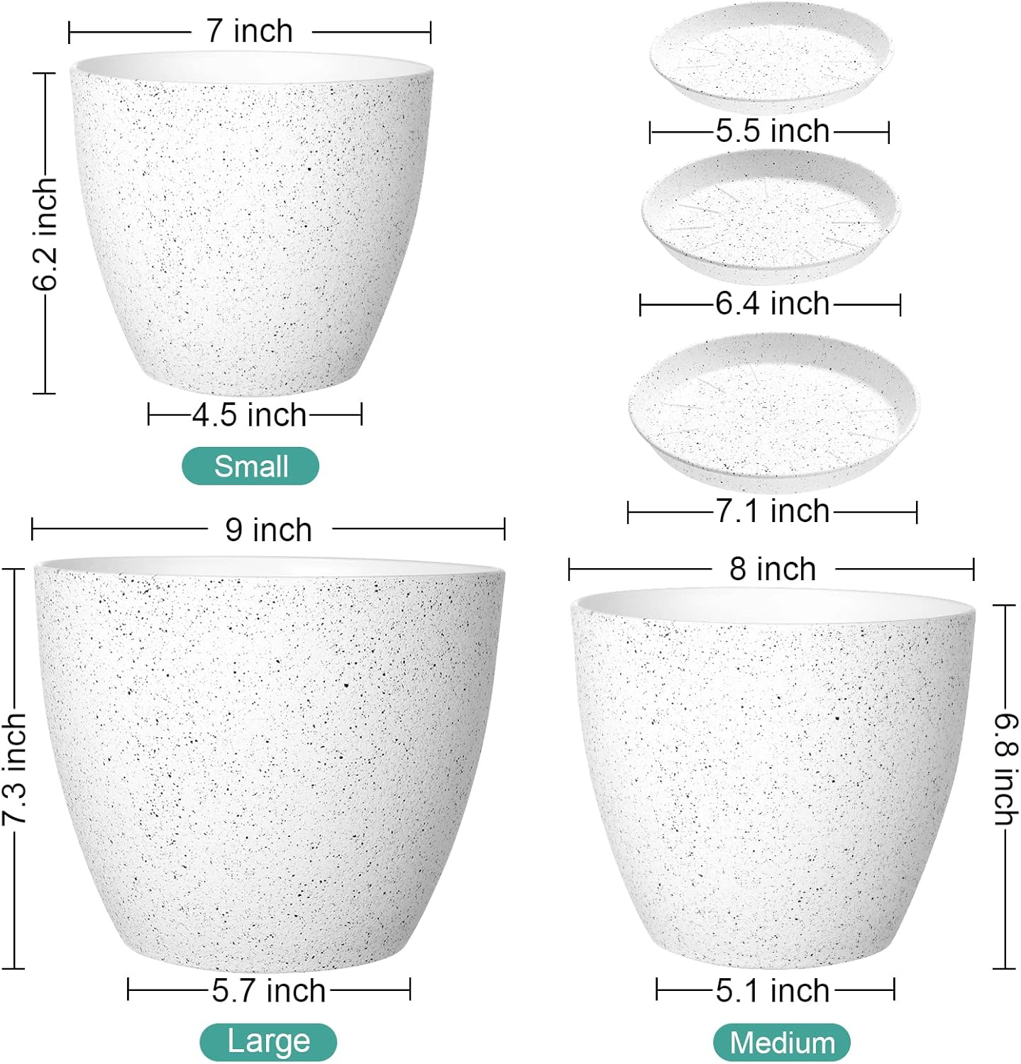 Vanavazon Flower Pots 9/8/7 Inch Set of 3 Flower Pots Indoor Outdoor Modern Decorative Planters with Drainage Hole and Tray (White) image number 3