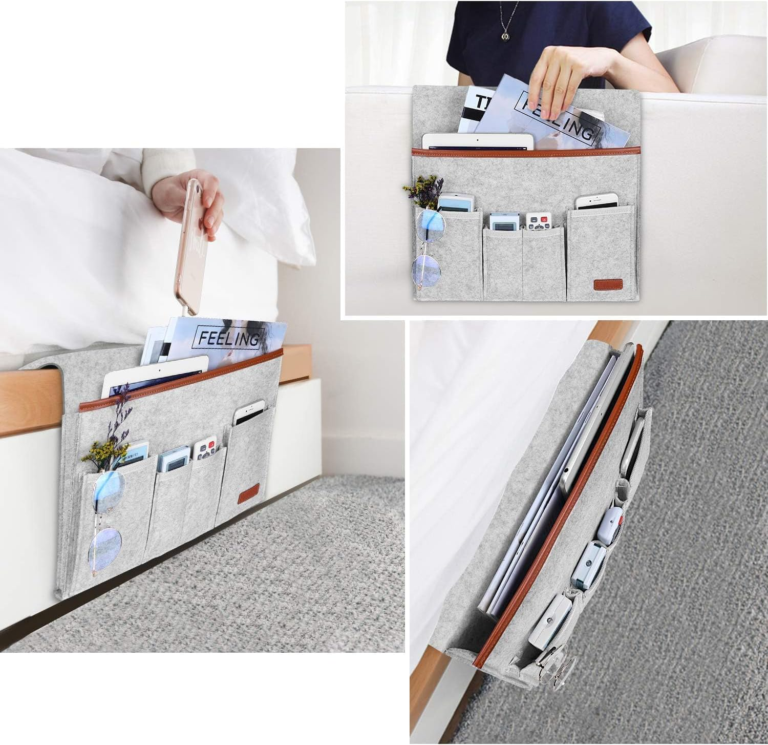 Sofa Armrest Organizer, Hanging Sofa Caddy Storage Bag with Long Flap and Hook, Sofa Remote Control Holder Bag with 5 Pockets for Magazine, Glasses, Tablet, Phone, Ipad, Non-Slip (Grey) image number 3