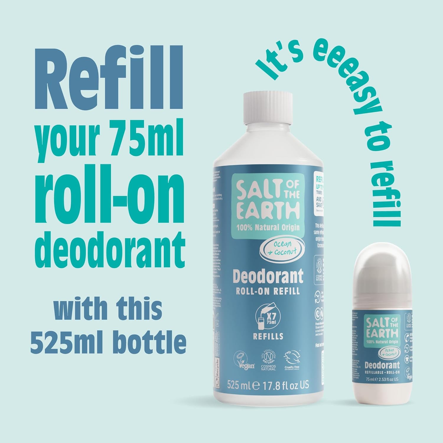 Natural Roll-On Deodorant Refill by Salt of the Earth, Ocean & Coconut - Vegan, Long Lasting Protection, Leaping Bunny Approved, Made in the UK - 525 Ml image number 2