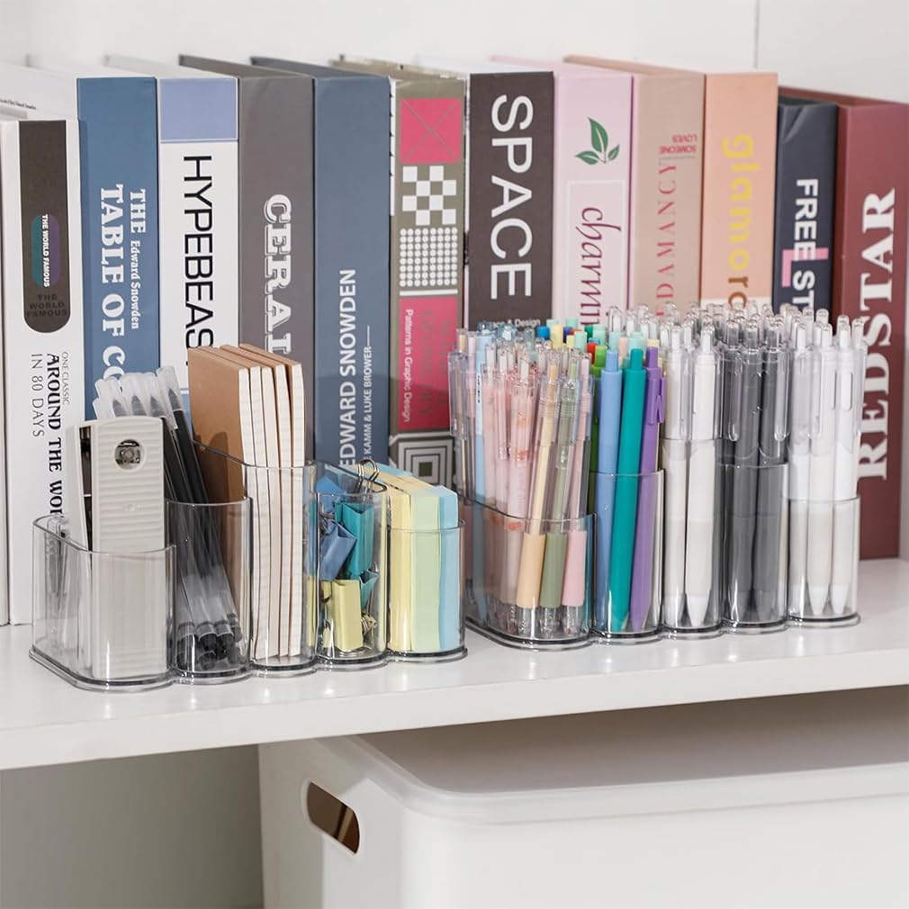 2-Pack Transparent Desktop Pen Holder, Plastic Storage Box, Sundries Storage Rack for Markers, Ballpoint Pens, Stationery, Crayons, Suitable for Home, Office Supplies, Desktop Storage image number 1