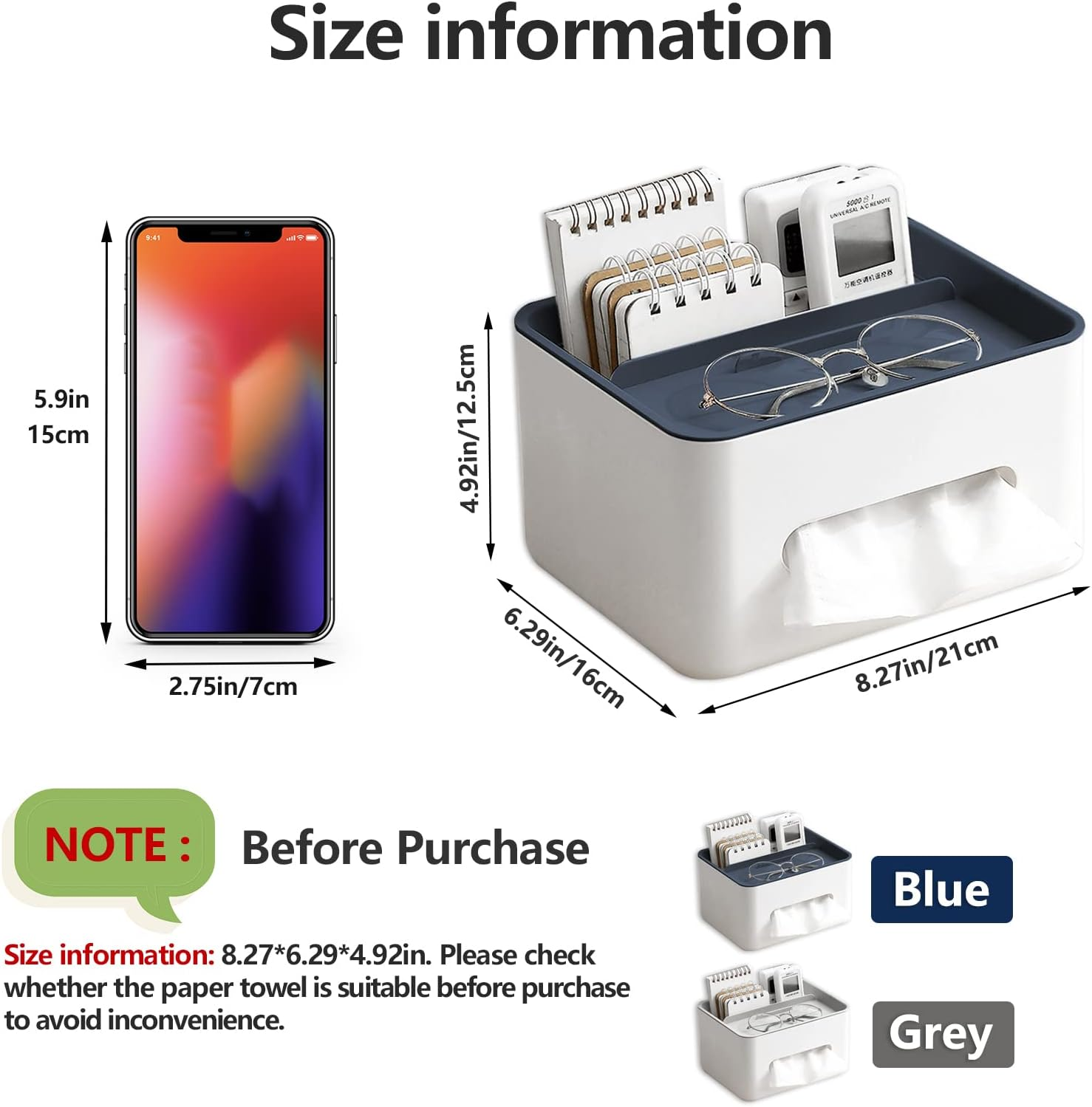 Rectangular Tissue Box Cover Holder with Storage Napkin Tissue Box Holder with Stationery Remote Control Box Decorative Tissue Pen Remote Organizer for Home/Office/Car/Restaurant Blue image number 6