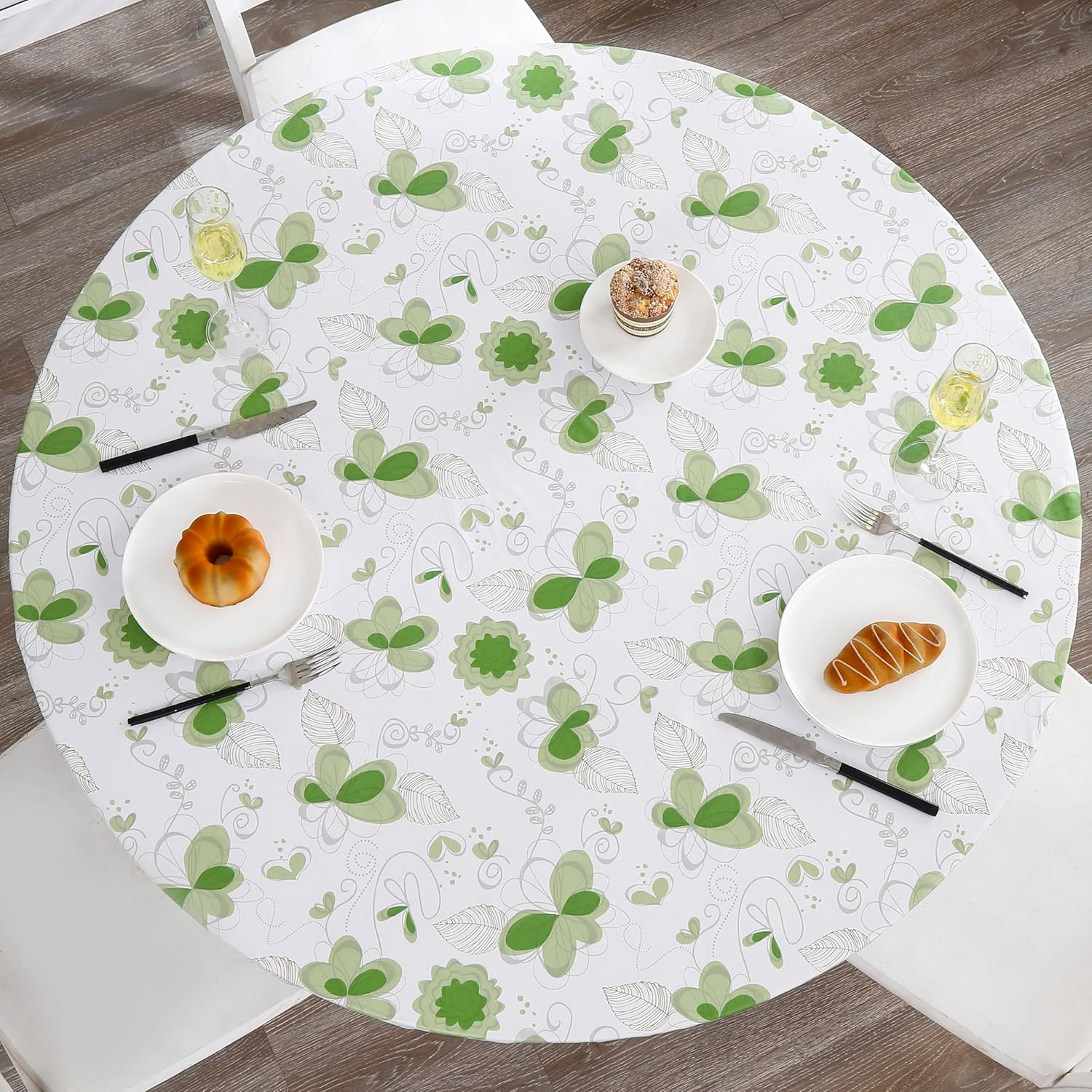 Round Vinyl Fitted Tablecloth with Flannel Backing Elastic Edge Design Table Cover Waterproof Oil-Proof PVC Table Cloth Stain-Resistant Wipeable for round Table