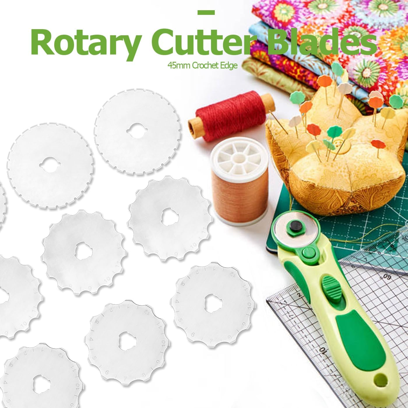 Bestgle 45Mm Crochet Edge Rotary Cutter Blade Set, 12/15/27 Teeth Skip Stitch Perforating Rotary Blades Replacement Wide Skip Blade Edging Tool Fits Fiskars Olfa, 9 Pieces image number 2