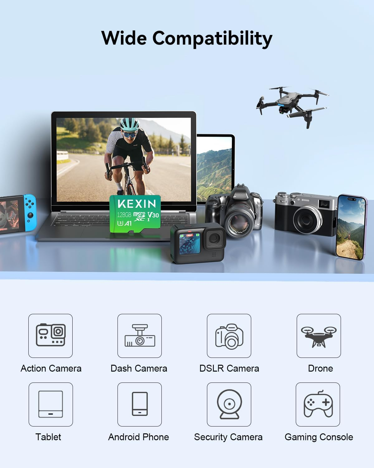 KEXIN 128GB Micro SD Card Pack of 2 Microsdxc Memory Card + SD Adapter for Action Camera Gopro Drone and Tablet, Read Speed up to 95Mb/S, 4K UHD Video Recording TF Card, C10, U3, A1, V30