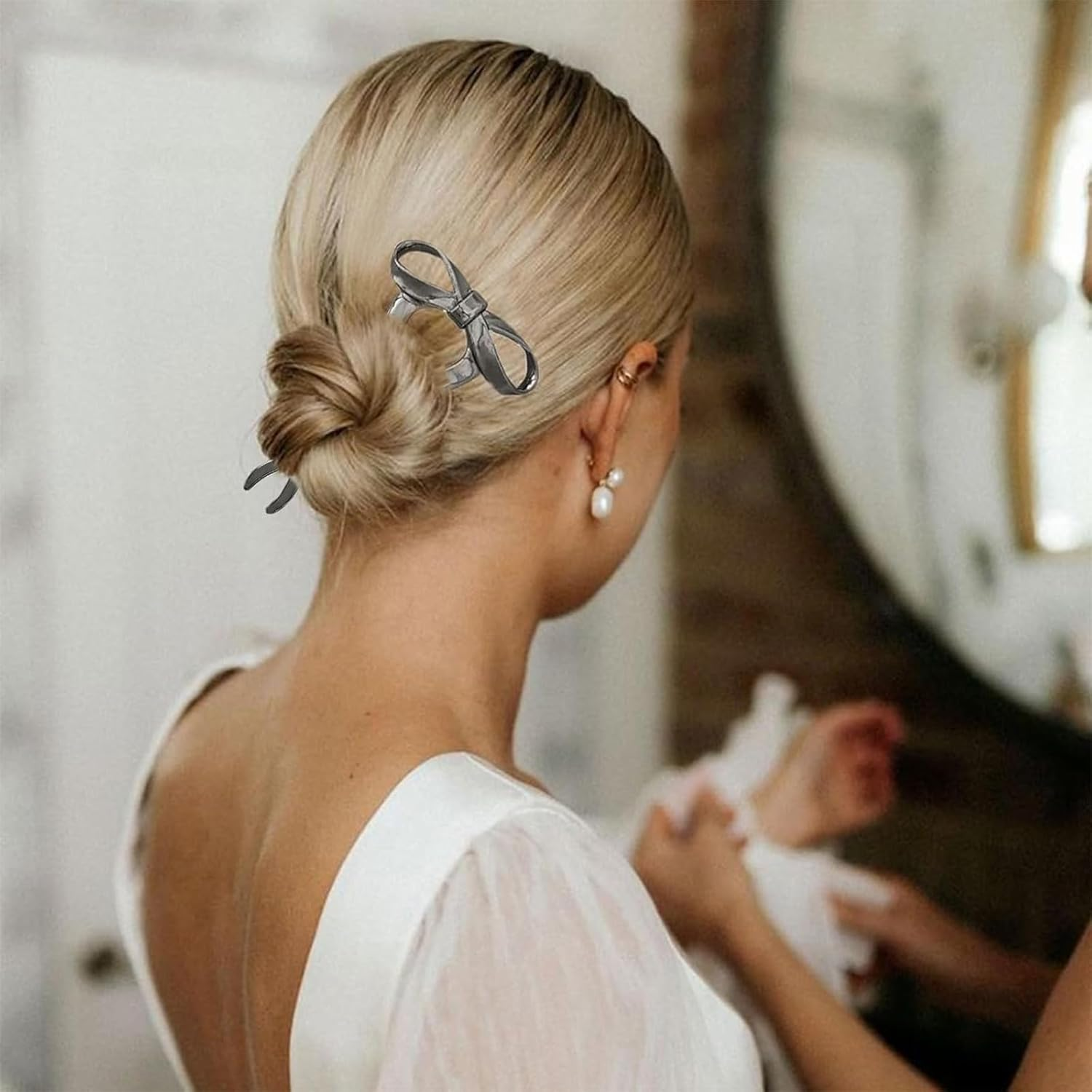 ASOMI 2 Pieces French Bow Hair Forks Vintage Style for Women Large U Shaped Metal Updo Hairpins for Long Thick Hair (Gold, Black) image number 2