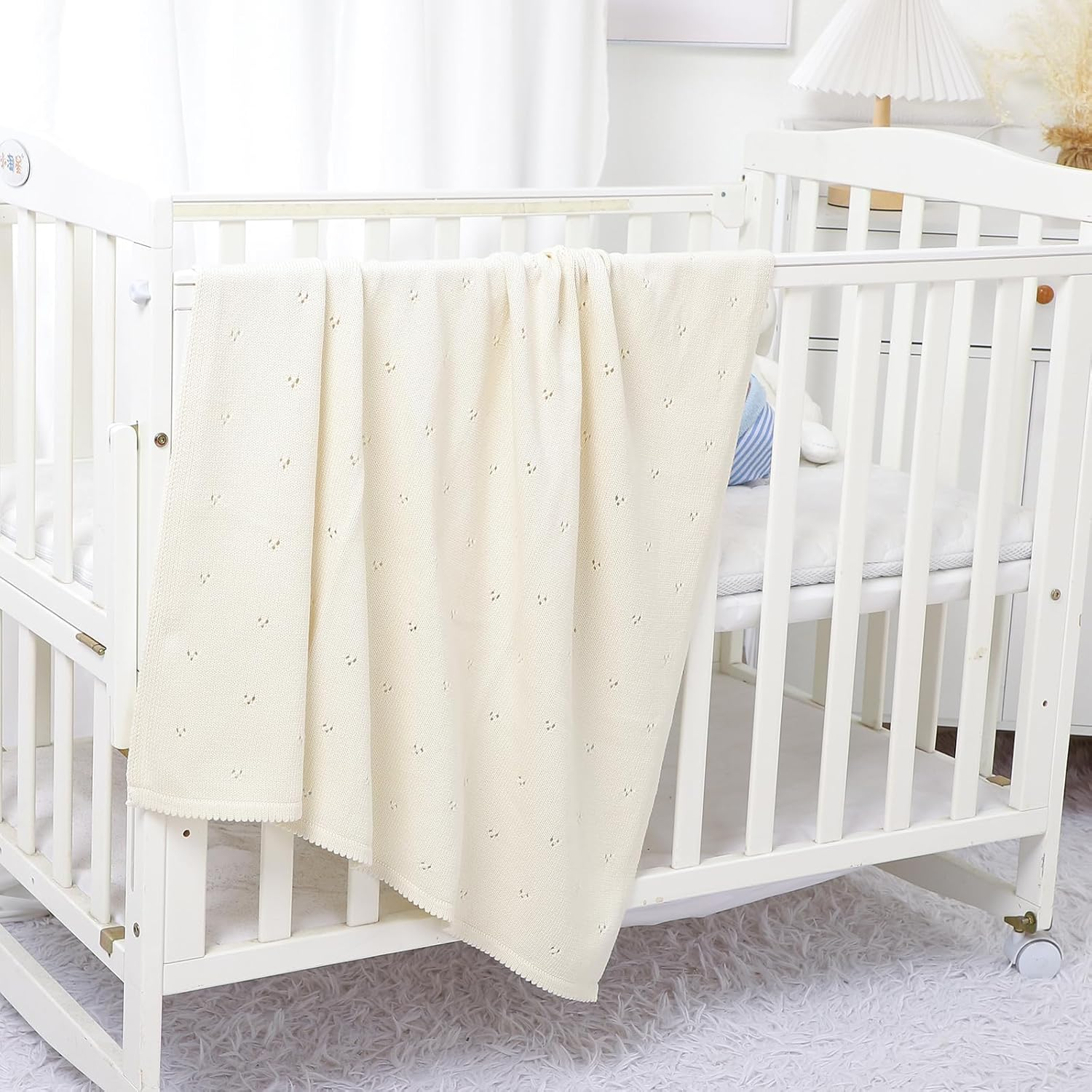 Baby Blanket 100% Cotton Cellular Blanket Baby Soft Cosy Knitted Blanket Cream 100X80Cm image number 3