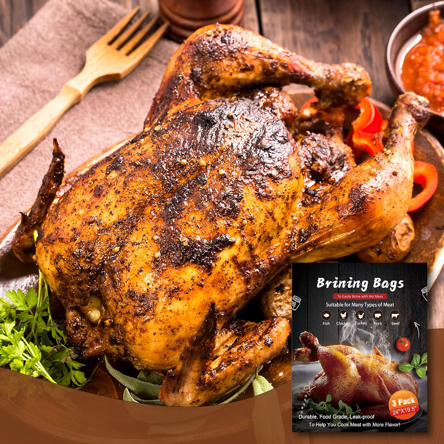 Turkey Brining Bag, 3 Pack Extra Large Thickened Brine Bag for Chicken, Double Zippers Seal Brine Bags for Beef/Pork, Holds up to 35Lbs image number 4