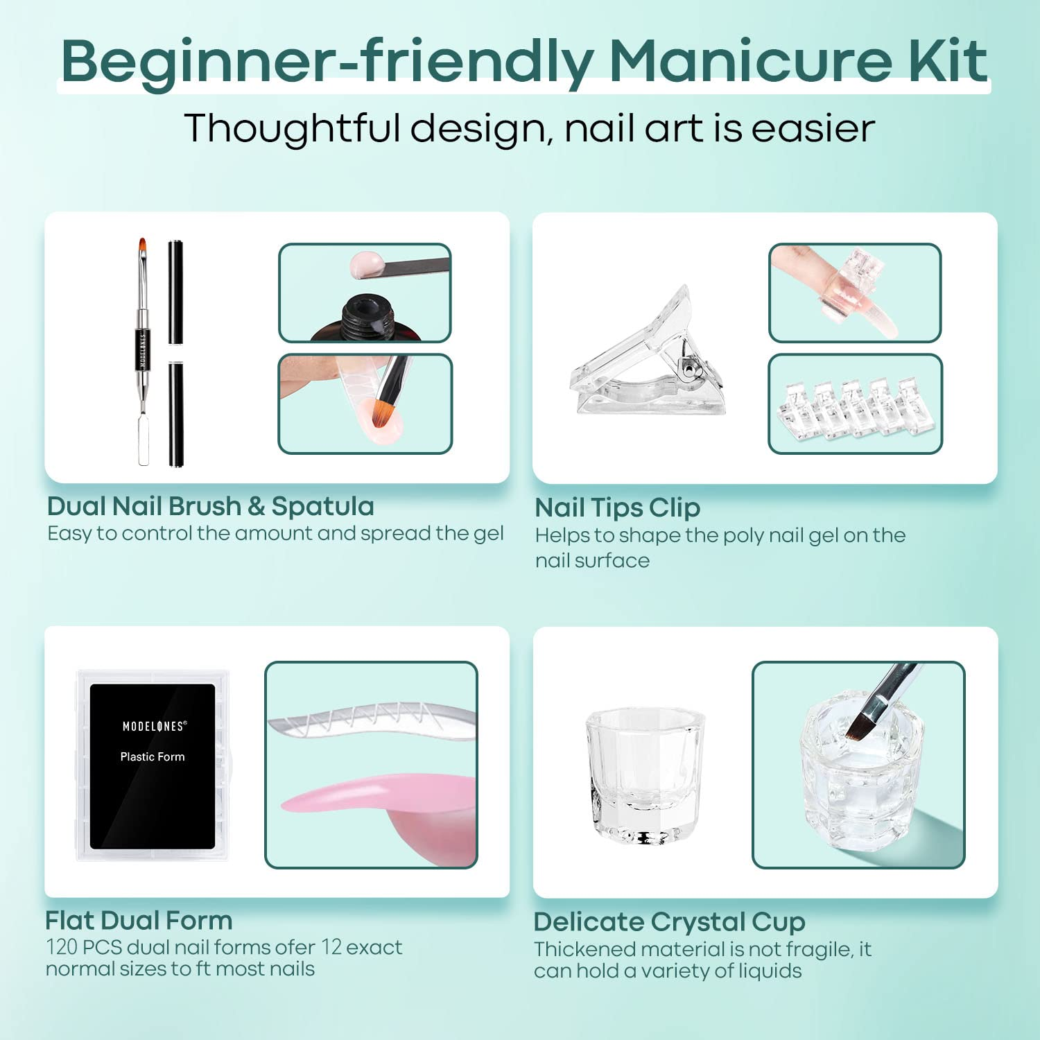 Modelones Slip Solution for Poly Nail Gel, Anti-Stick Gel Nail Extension Complete Kit with Nail Forms Nail Tips Clips Nail Art Tool DIY at Home image number 1