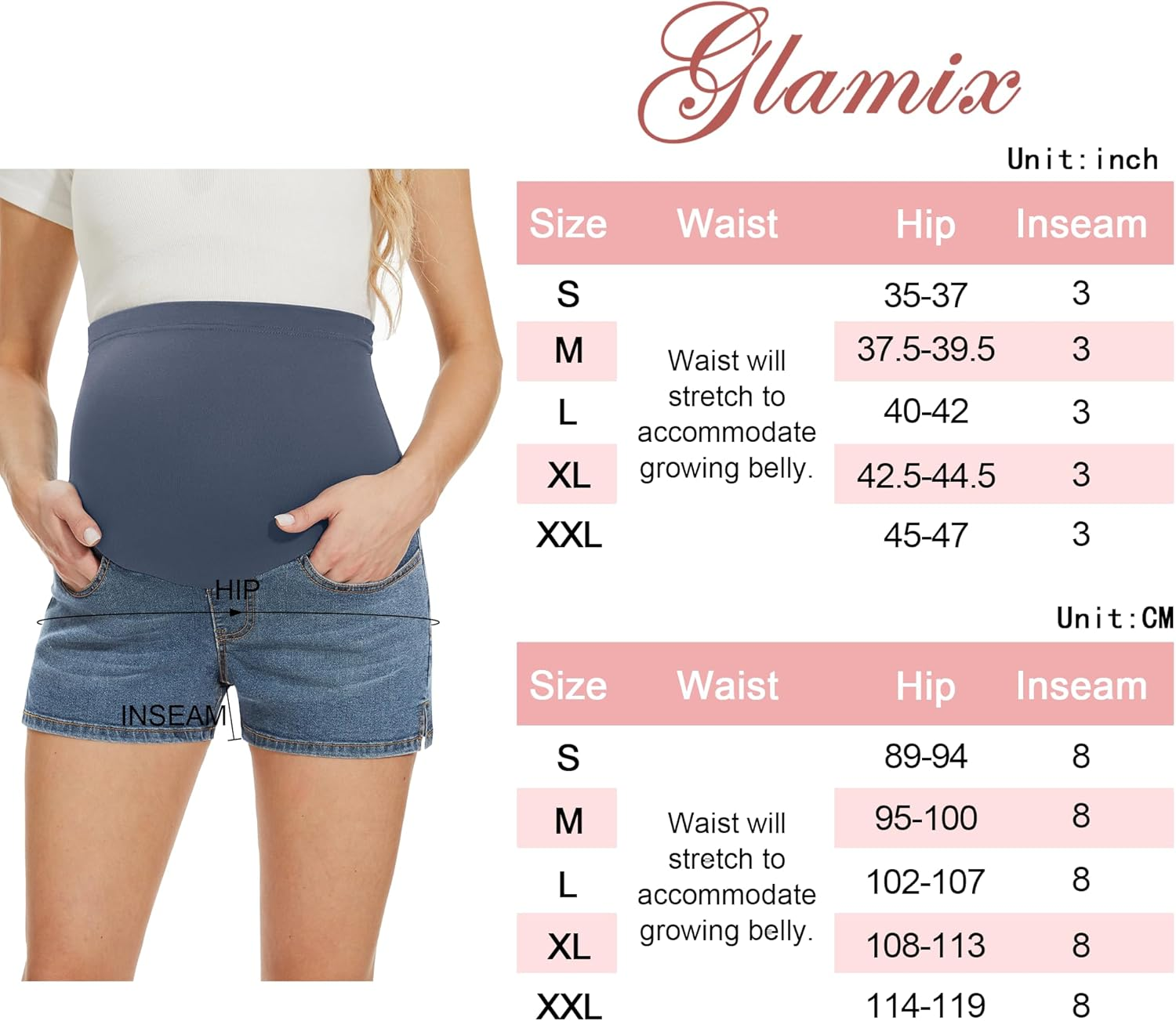 GLAMIX Women'S Maternity Jean Shorts with Real Pockets over Belly 3" Support Pregnancy Denim Shorts for Summer Clothes image number 2