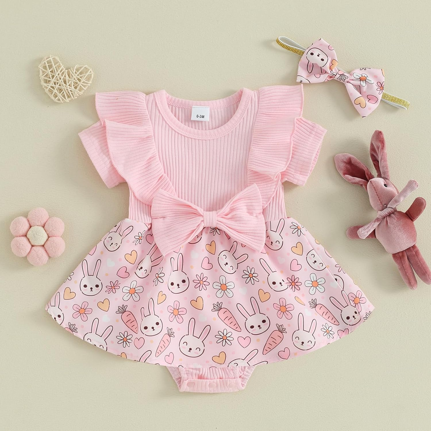 Newborn Baby Girl Easter Outfit Bunny Ruffle Short Sleeve Romper Dress with Headband Set Spring Summer Clothes image number 3