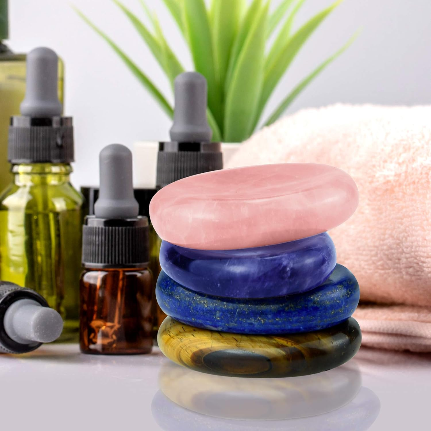 Marrywindix 4 Packs Natural Thumb Worry Stone Set Pink Crystal Amethyst Tiger Eye Lapis Lazuli for Anxiety Stress Relief Meditation Crystal Therapy image number 5