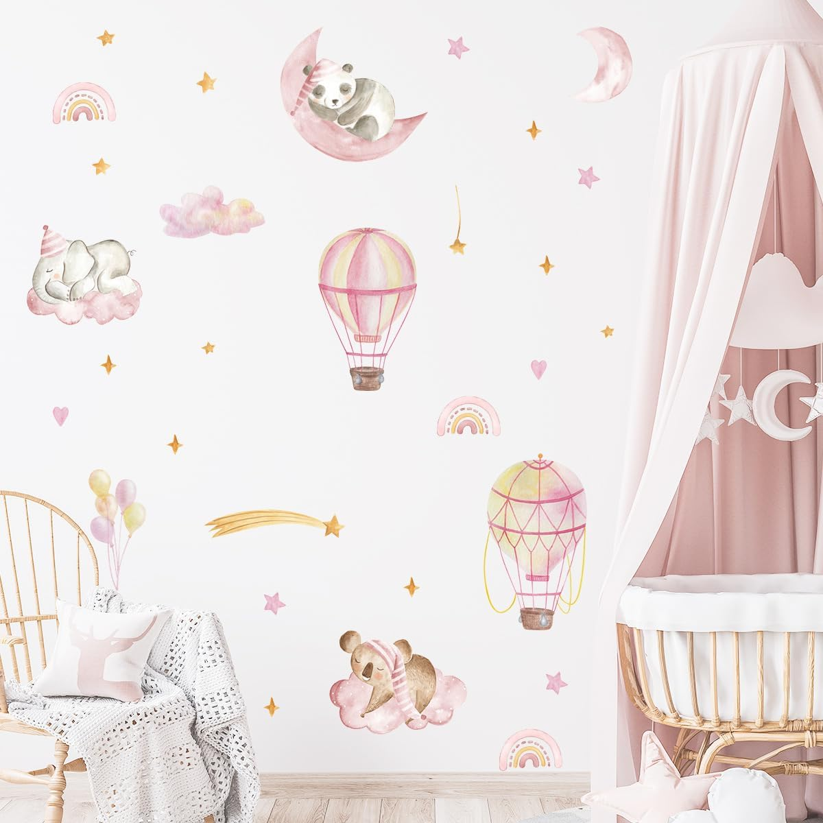 Pink Hot Air Balloon Elephant Panda Rainbow Wall Decals the Moon and Stars Nursery Wall Stickers Baby Girl Room Wall Decor image number 2