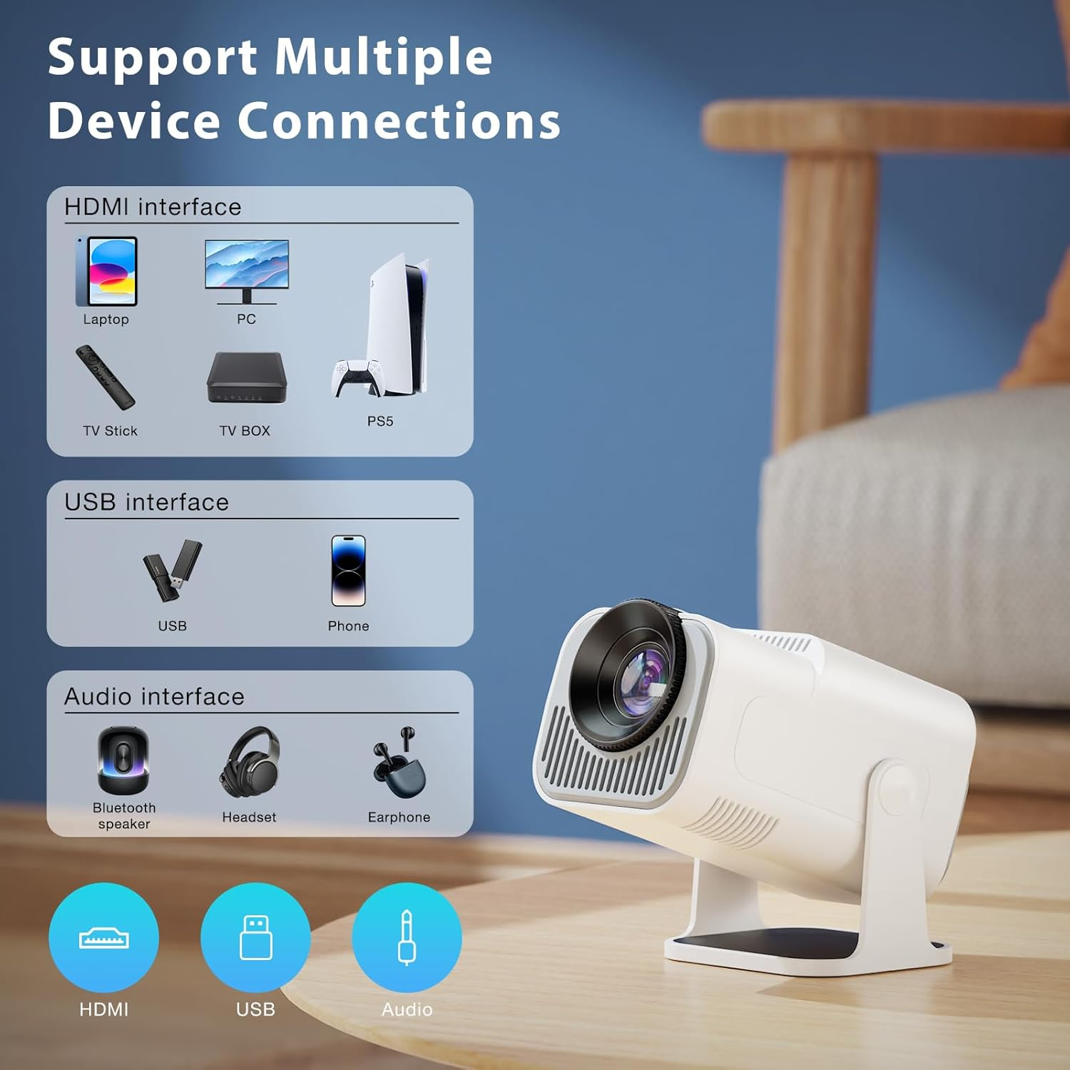 Mini Projector, Portable Projector Auto Keystone, Native 4K 1080P Smart Projector with Wifi 6, Bluetooth 5.0, Built-In Android 11.0, 10000 Lumens, Screen Adjustment, 180 Degree Rotation, White image number 6