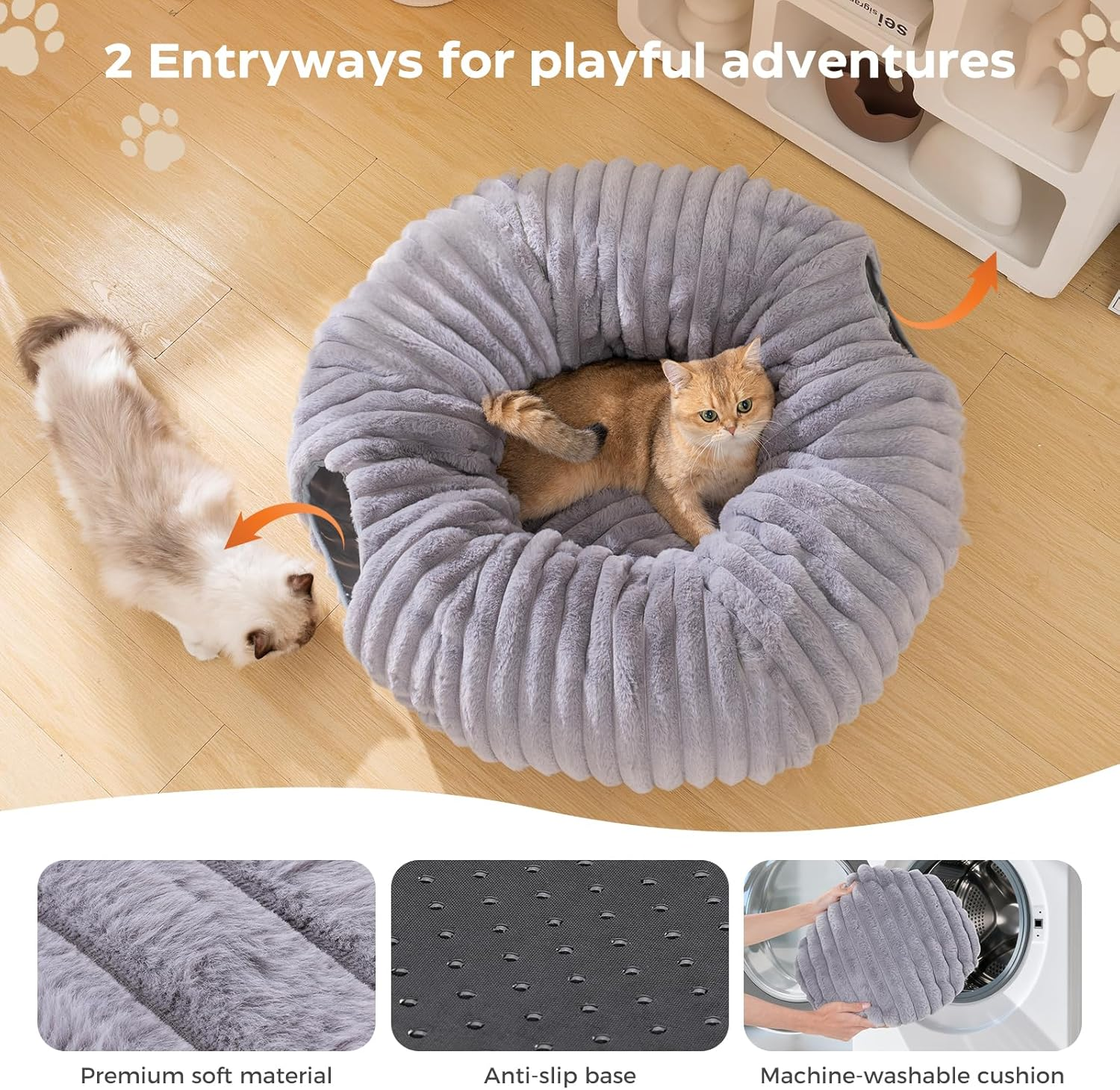 Avont Cat Tunnel Bed for Indoor Cats, Soft Plush Peekaboo Cat Bed Cave Donut Tunnels Tube, Playground Toys Hideout for Kittens Puppies Ferret -Grey - Grey image number 3