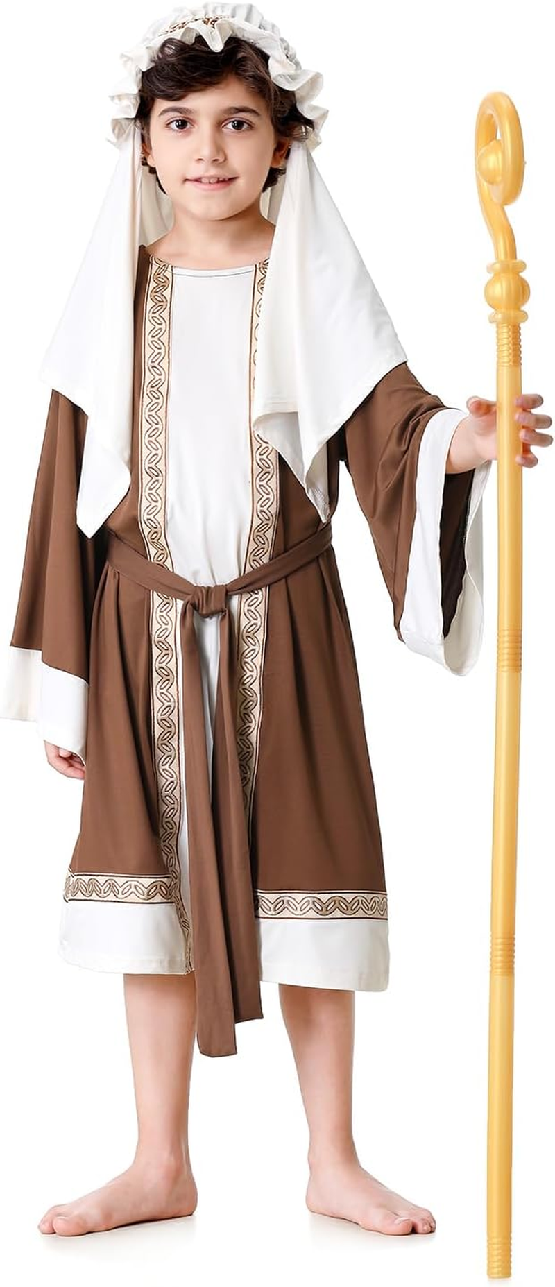 Yolsun Joseph Costume for Kids, Boys Shepherd Costume, Wiseman Biblical Headwrap Hat Waist Rope Set image number 3