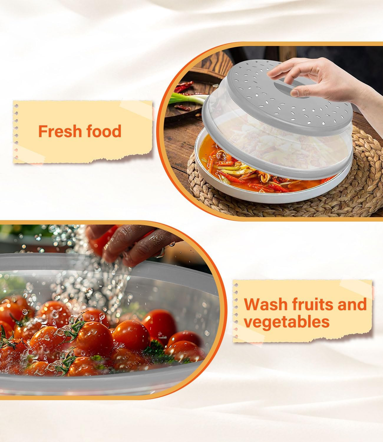 Microwave Cover Collapsible - 3 Pack Silicone Food Plate Lid Covers 21.5/27/31 Cm, BPA Free Vented Splatter Guard Lid with Grip Handle, Kitchen Gadget with Steam Vent & Colander for Meal Prep image number 6