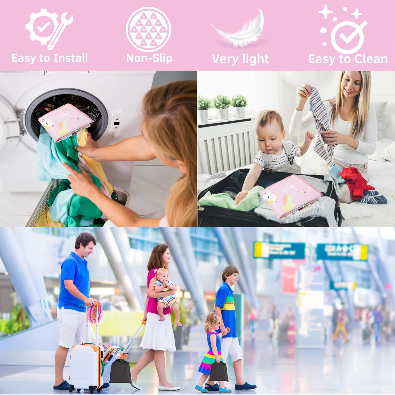 Airplane Travel Bed for Kids, Airplane Seat Extender Portable with Side Pocket, Airplane Travel Accessories for Kids, Foot Leg Rest Hammock Cot for Flights, Compact&Light (Pink) - Pink image number 4