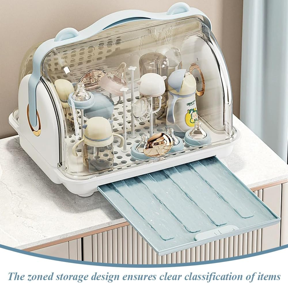 Baby Bottle Countertop Drying Rack, Dustproof Feeding Cup Holder, Baby Cup Storage Box, Removable Drain Tray, Transparent Clamshell Design for Bottles, Teats image number 1