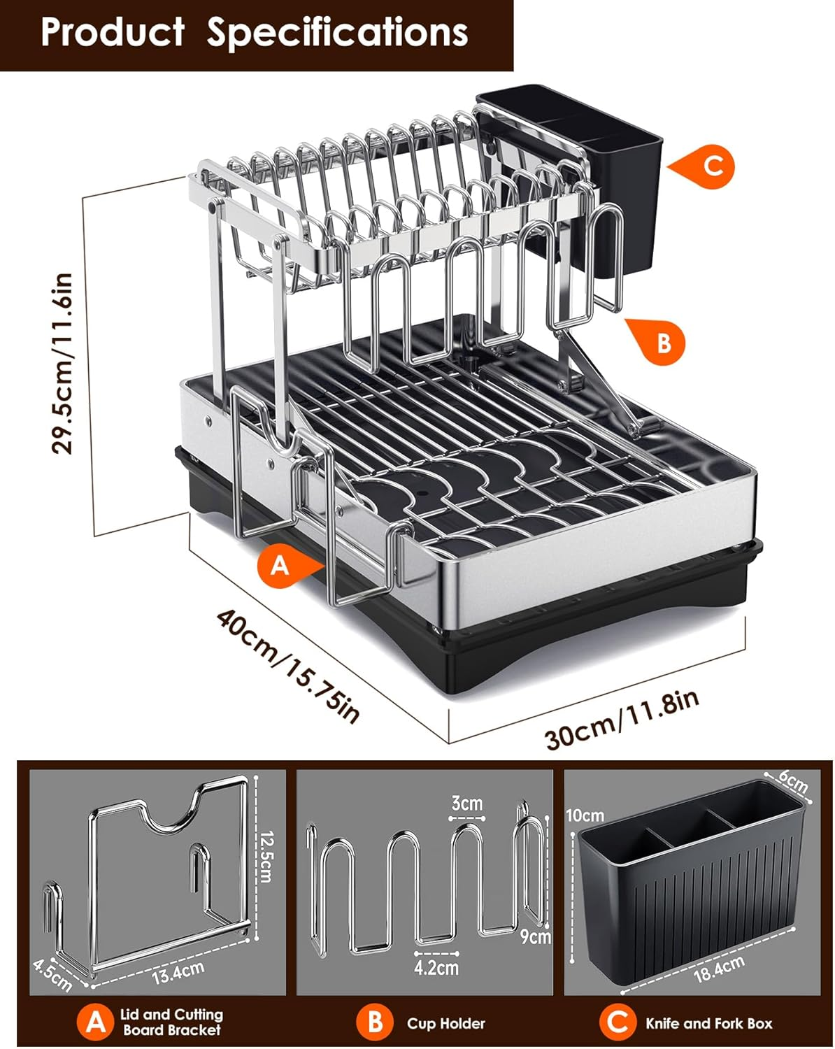 Dish Drying Rack, Multifunctional Dish Rack for Kitchen Counter, 2 Tier Collapsible & Stainless Steel Dish Drainer, Kitchen Drying Rack Equipped with Tableware Racks and Cup Holders image number 5