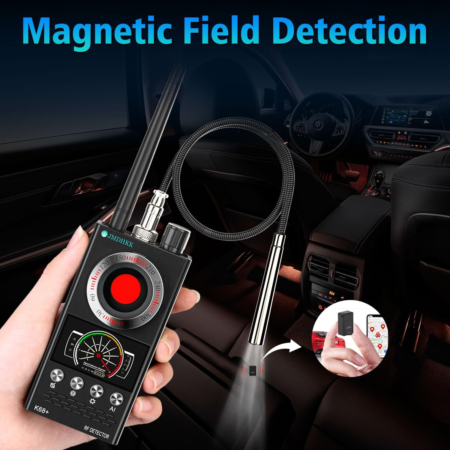 JMDHKK Bug Detector, Camera Finder Scanner, Magnetic Device Detector, Find and Locate Eavesdropping Device AI Auto Scan 4-In-1 Easy to Use, Rechargeable （Black - Silver image number 3