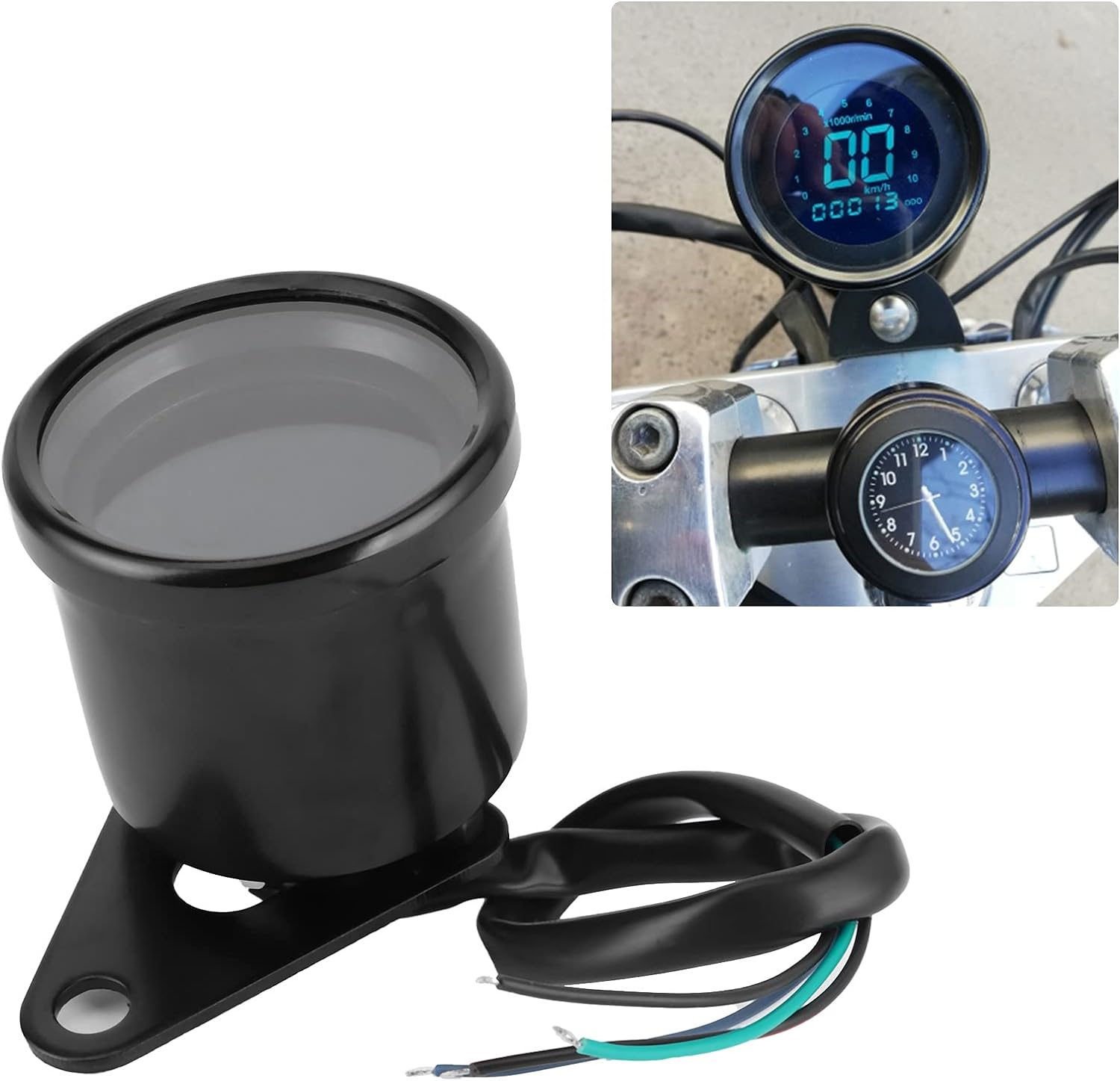 Motorcycle Multifunctional Meter, DC12V Aluminium Alloy 0-199KMH Tachometer Odometer Fuel Gauge Speedmeter 4 in 1 Universal Waterproof anti Glare 7 Colors LCD Digital Gauge (Black) image number 1
