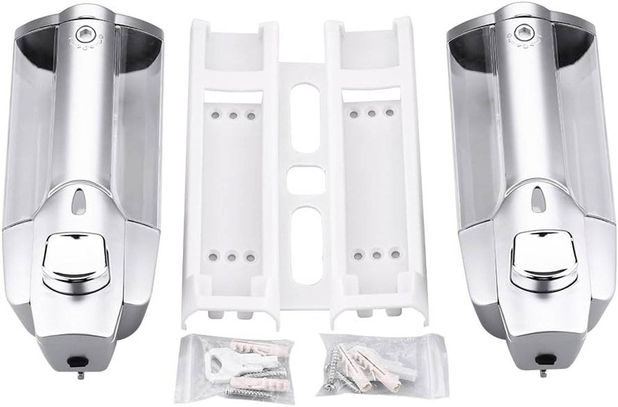 Wall Mounted, Liquid Transparent Shampoo Container Space Saving Liquid Pump with Built in Springs for Home (Silver Double Cups)