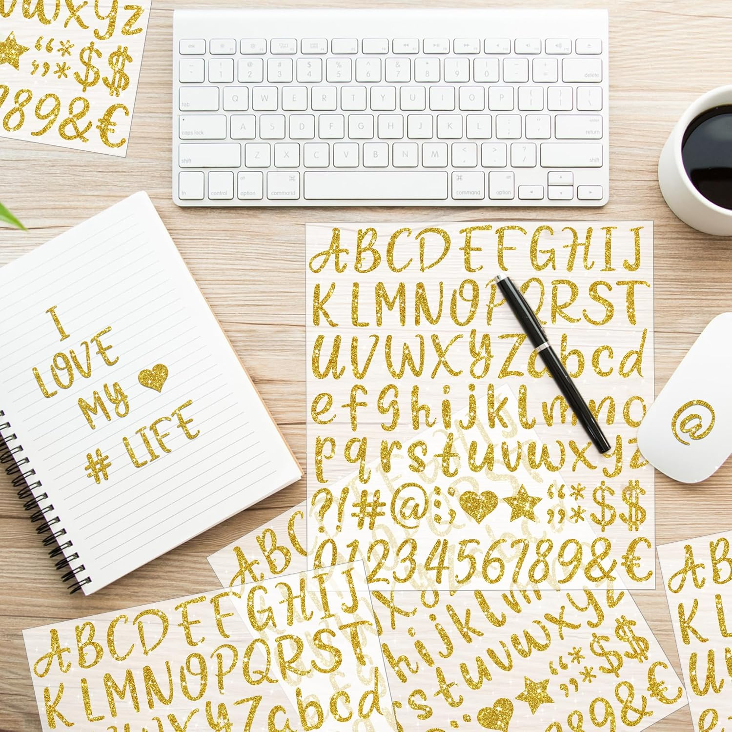 648Pcs Letter Stickers 8 Sheets Alphabet Stickers, 1 Inch Vinyl, Glitter, Self-Adhesive, Waterproof ABC, Number, Graduation Cap, Water Bottles, Scrapbook Crafts (8, Gold) - Black image number 3