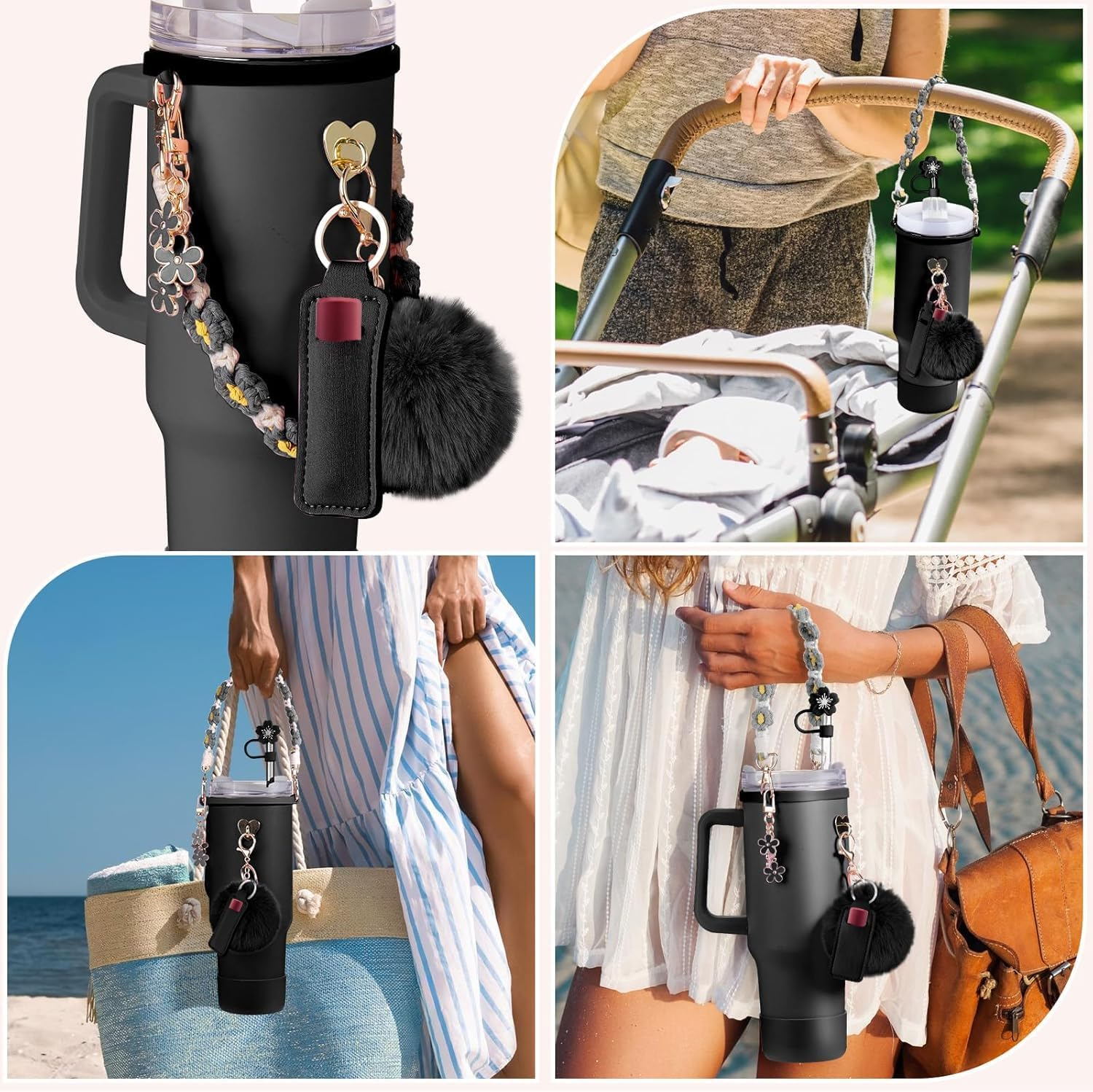 Cup Accessories for Stanley Cup 30Oz 40Oz Tumbler with Handle, Including Water Bottle Handle Strap, Chapstick Holder, Boot, Keychain Charms, Straw Topper Cover Cap for Stanley (Black) image number 5