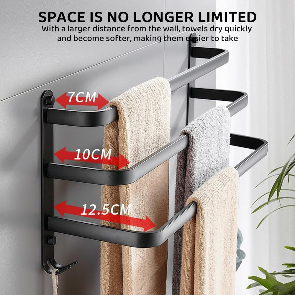 3-Tier Wall-Mounted Bath Towel Rack &ndash; 40 CM Ladder-Style Towel Holder with 2 Hooks, Stainless Steel Bathroom Towel Bar, Durable Black Finish image number 1
