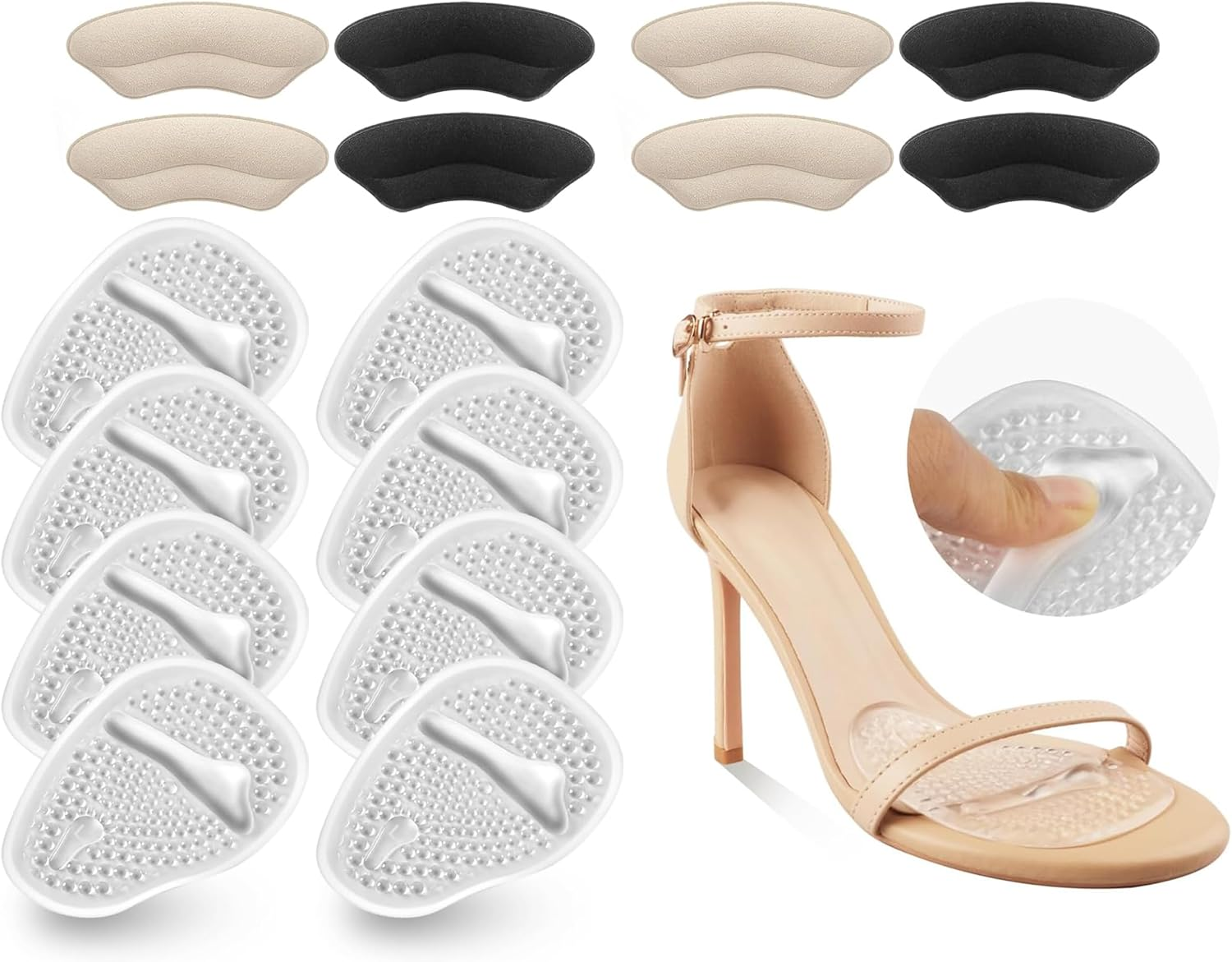 Riootlnm Metatarsal Pads, Ball of Foot Cushions, Heel Pads Inserts for Too Big Shoe, Reduce Foot Pain, No Slip Heel Grips Liners Shoe Pads for Loose Shoe, Blisters, Beige+Black, One Size