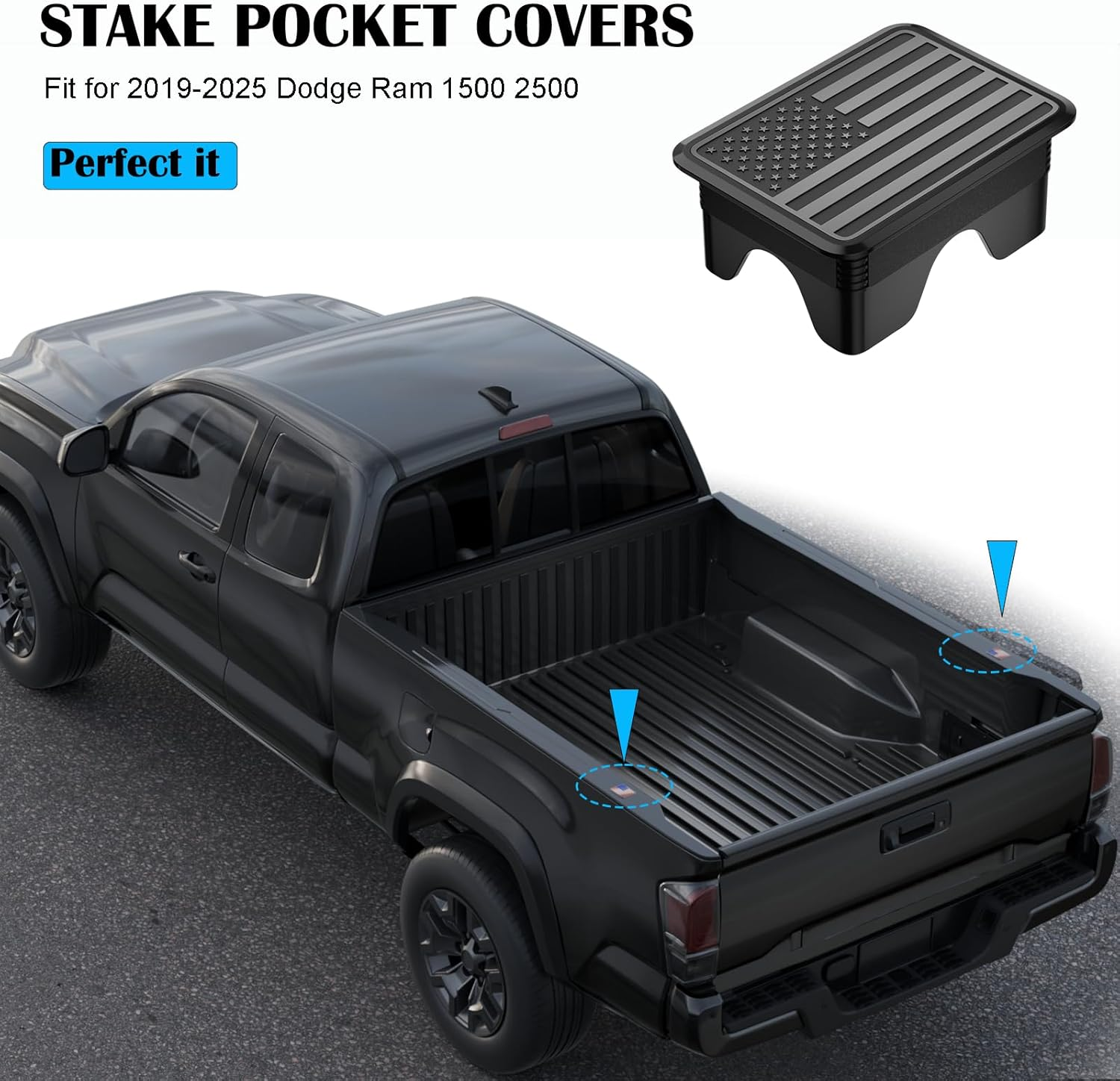 Ram 1500 American Flag Stake Pocket Covers, Rear Truck Bed Rail Stake Pocket Cover Compatible with Dodge 2019 2020 2021 2022 2023 2024 2025 Ram 1500 2500 Accessories(Set of 2,Black)