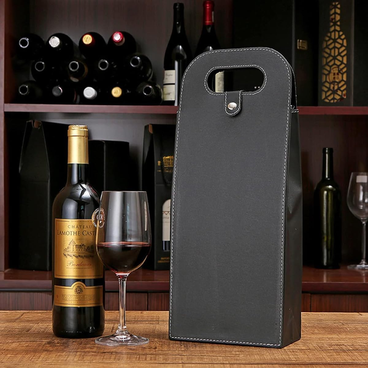 AIMALL PU Leather Wine Tote Bag Single/Double Bottle Foldable Portable for Picnic, Party, and Outdoor Use, Practical Handle, Metal Buckle Closure, 750Ml Capacity - Black-Single image number 2