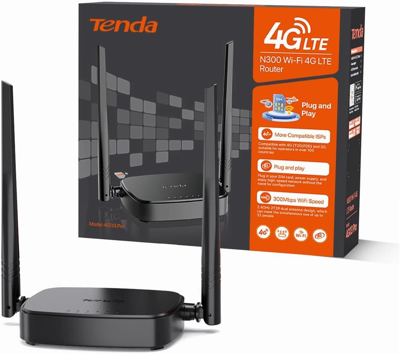Tenda 4G/3G LTE Router - N300 Wifi Router- Nano SIM Compatible with 100+ Countries - 2*Antenna - Portable & Plug and Play【4G03 Pro】 image number 3