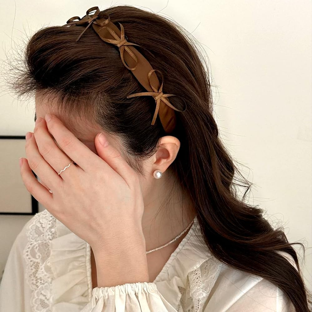 Cute Bow Headband Women'S French Bows Headband Black Brown Ribbon Bow Headband Hair Band Women'S Plastic Satin Bow Knot Hair Band Kawaii Bows Hair Accessories Women image number 6