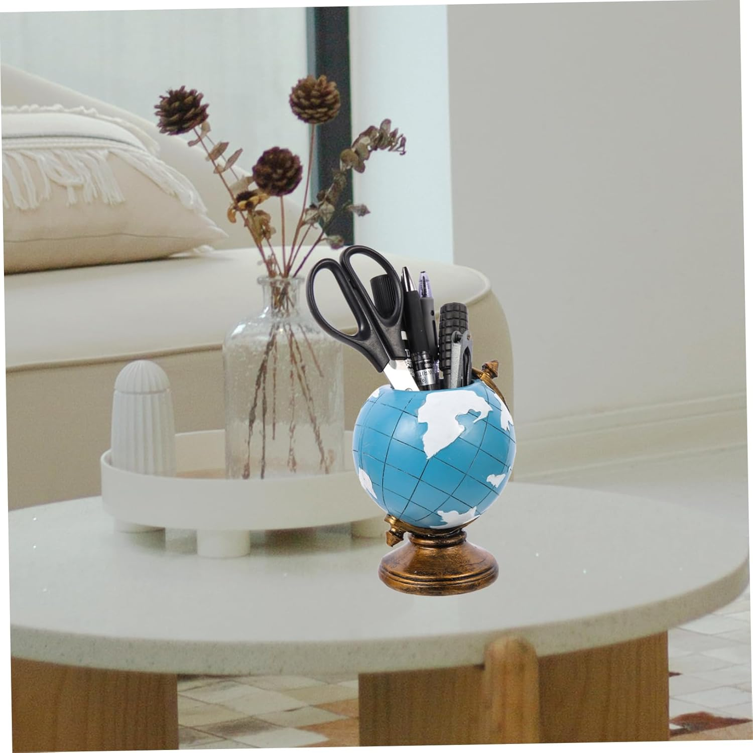 SHOWERORO Globe Ornaments Pen Holder Desk Decor Resin Ornament Boys and Girls Stationery Holder Office Accessory