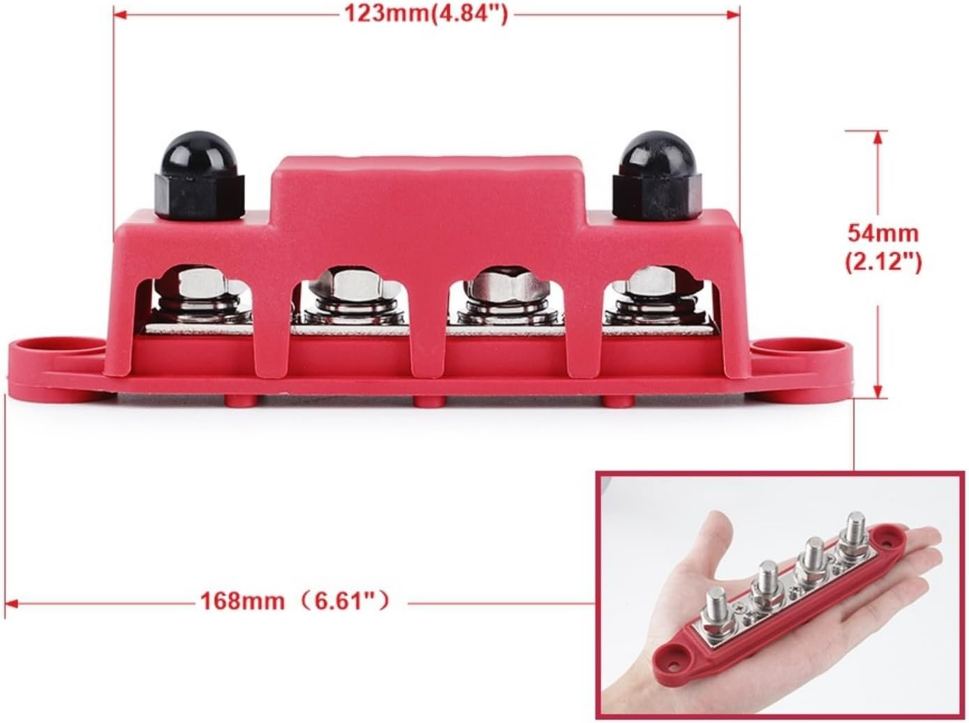 12V-48V Bus Bar Power Distribution Block with 4 M8 Terminal Studs, High Performance Module BUSBAR with Cover for Cars Rvs Ships Yachts (Red & Black) image number 1