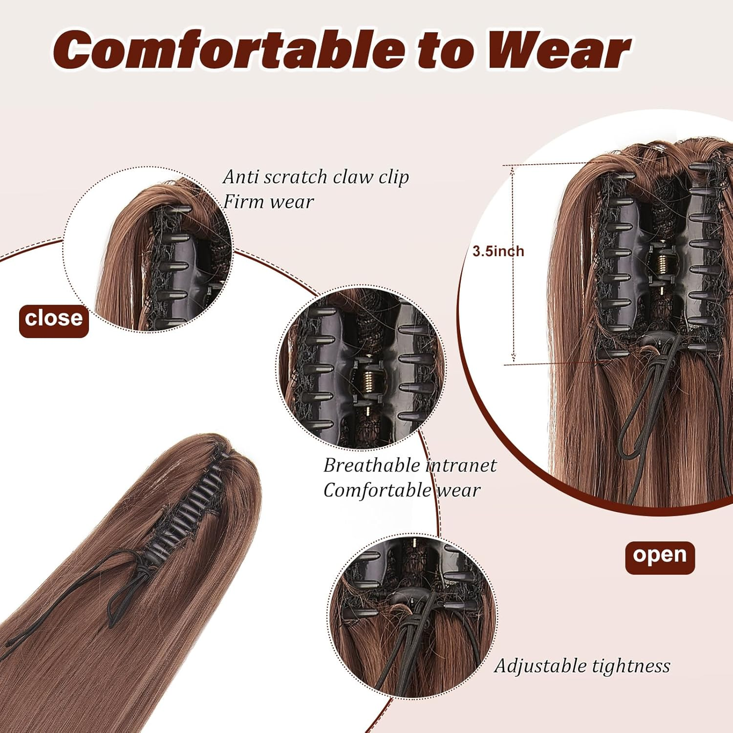 Dcbaboo Ponytail Extension Natural Smooth Hair Extension Natural Hair Clip 50 Cm Hairpiece Natural Hair Ponytail Clip Long Synthetic Straight Ponytail Dark Auburn image number 5